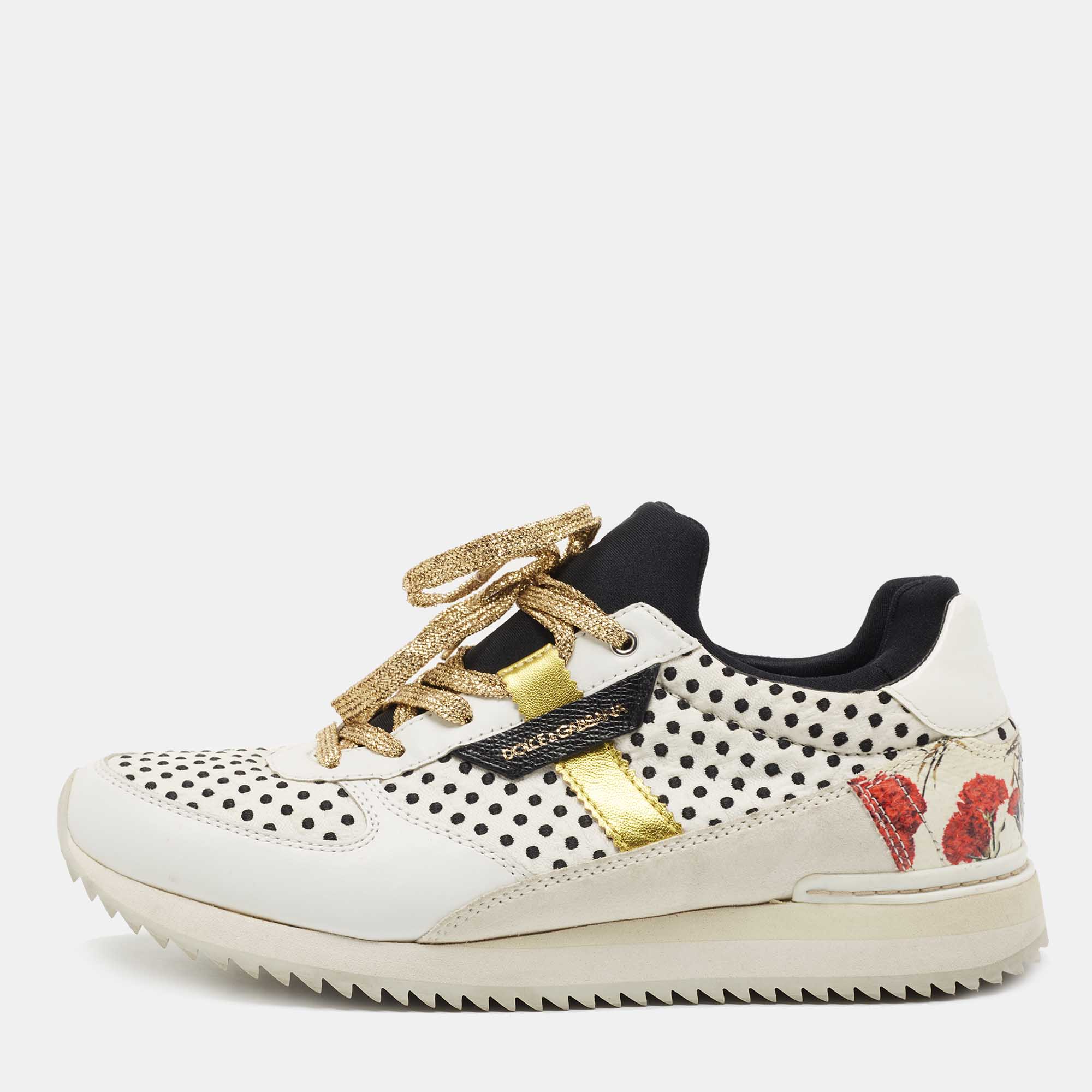 Pre Owned Dolce & Gabbana White/Black Leather and Fabric Sneakers Size 39.5