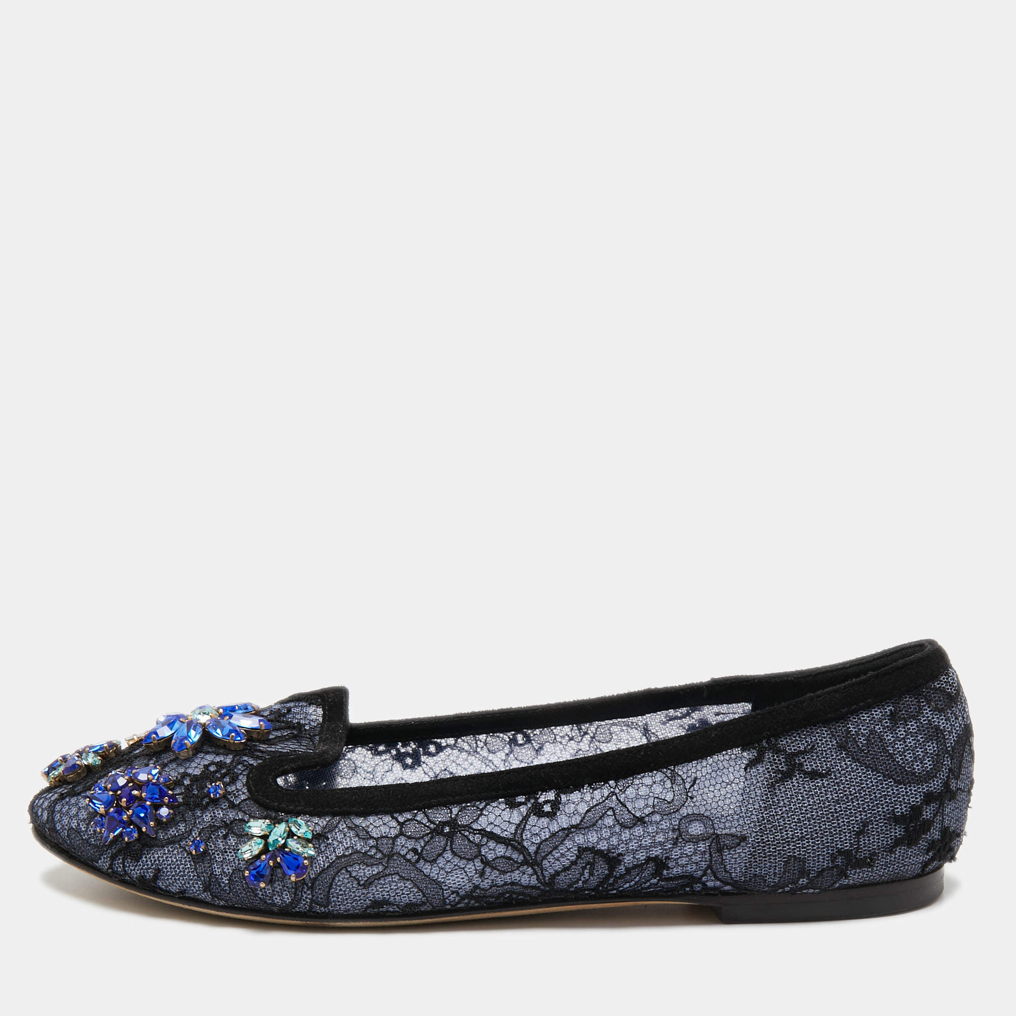 フラットシューズ Dolce & Gabbana 'Vally' Ballet Flats Dolce & Gabbana Navy Blue/Black Lace and Suede Vally