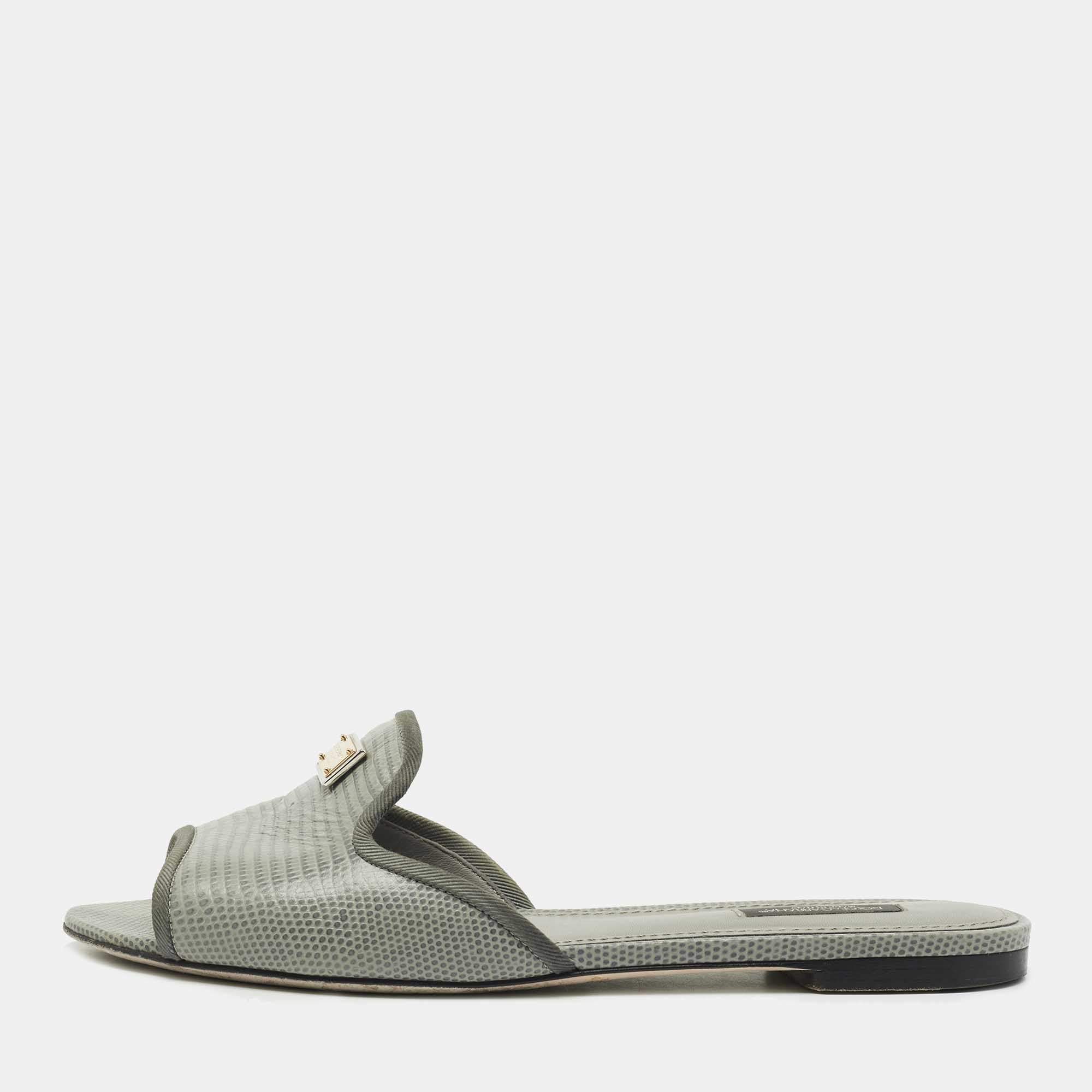 Dolce & Gabbana Grey Lizard Embossed Leather Sofia Slide Flats Size 39