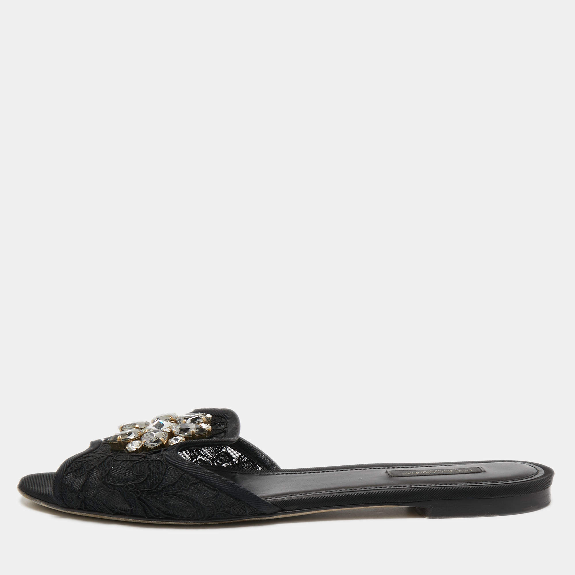 Pre Owned Dolce & Gabbana Black Lace Crystal Embellished Flat Slides Size 40.5