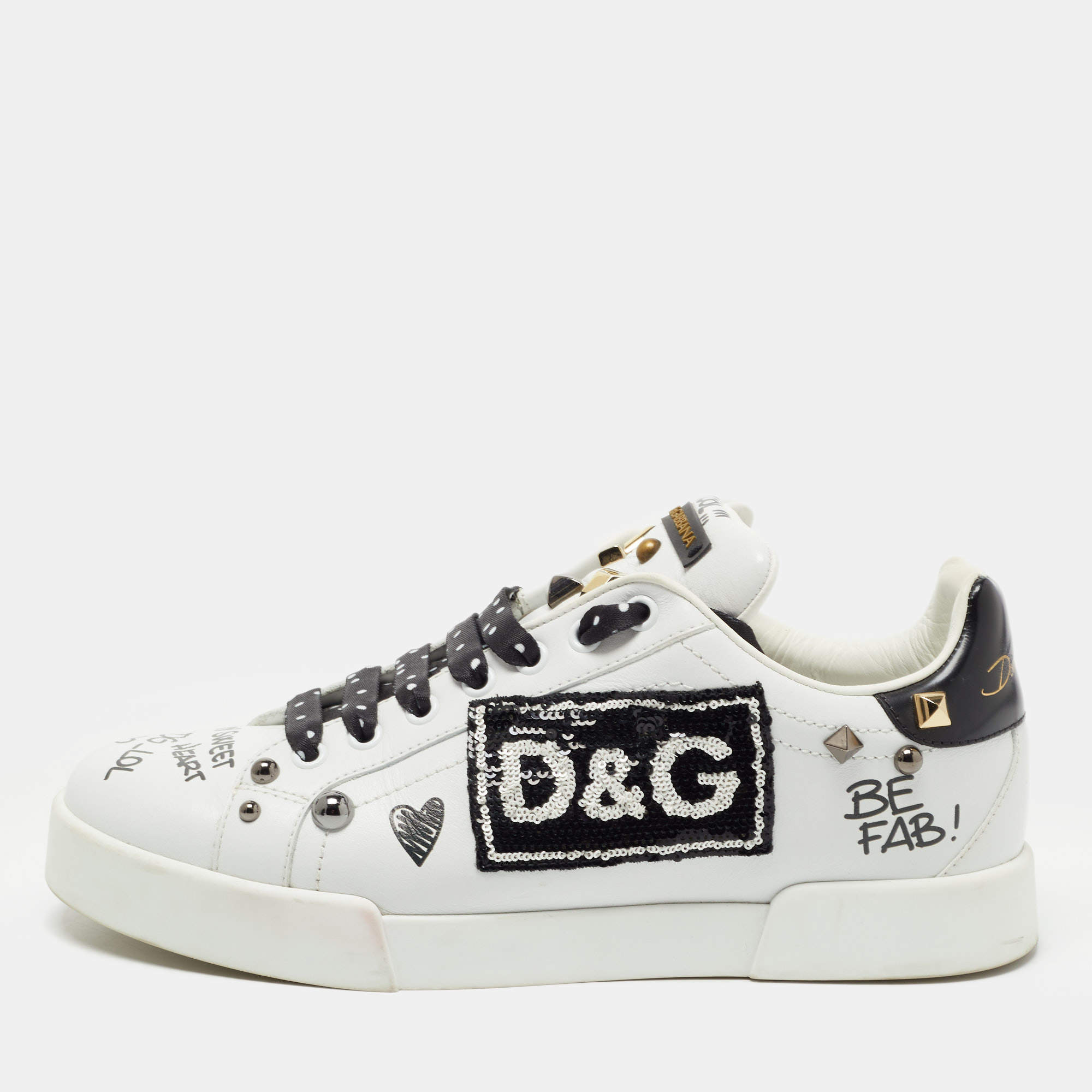 Pre Owned Dolce & Gabbana White/Black Leather Studded and Applique Portofino Low Top Sneakers Size 39.5