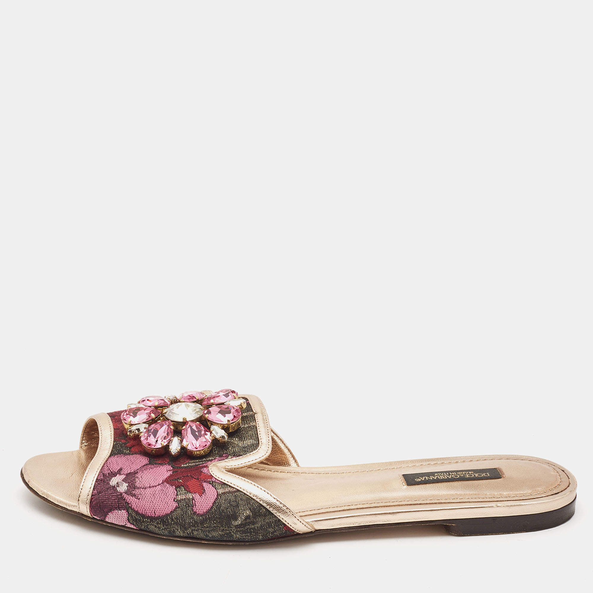 Pre Owned Dolce & Gabbana Pink Printed Fabric Crystal Embellished Sofia Flat Slides Size 38