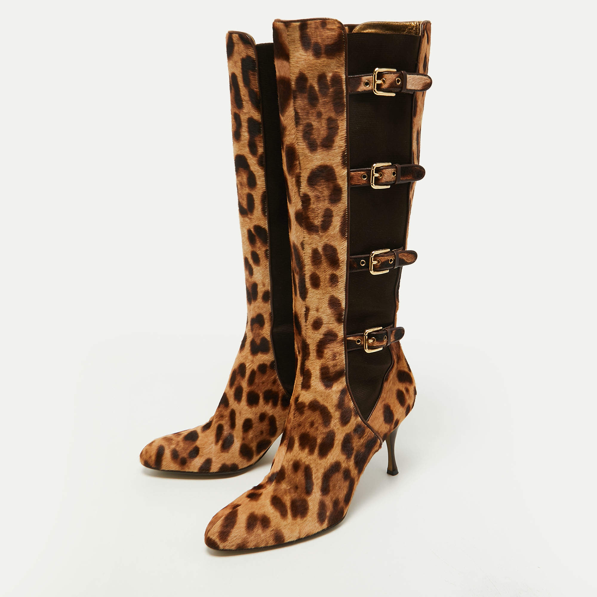 Dolce Gabbana Brown/Brown Leopard Print Calf Hair Knee Length