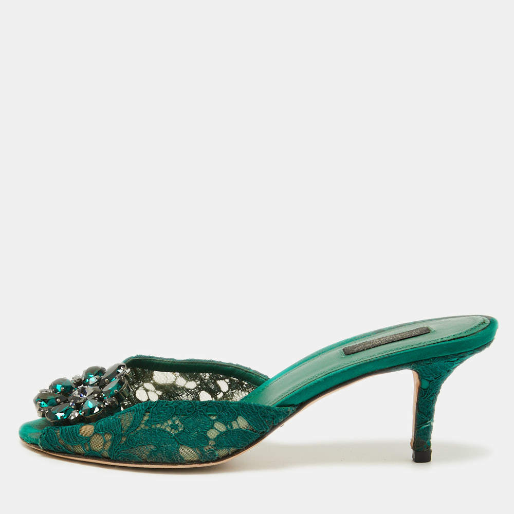 Pre Owned Dolce & Gabbana Green Lace and Mesh  Keria Crystal Embellished Slide Sandals Size 39
