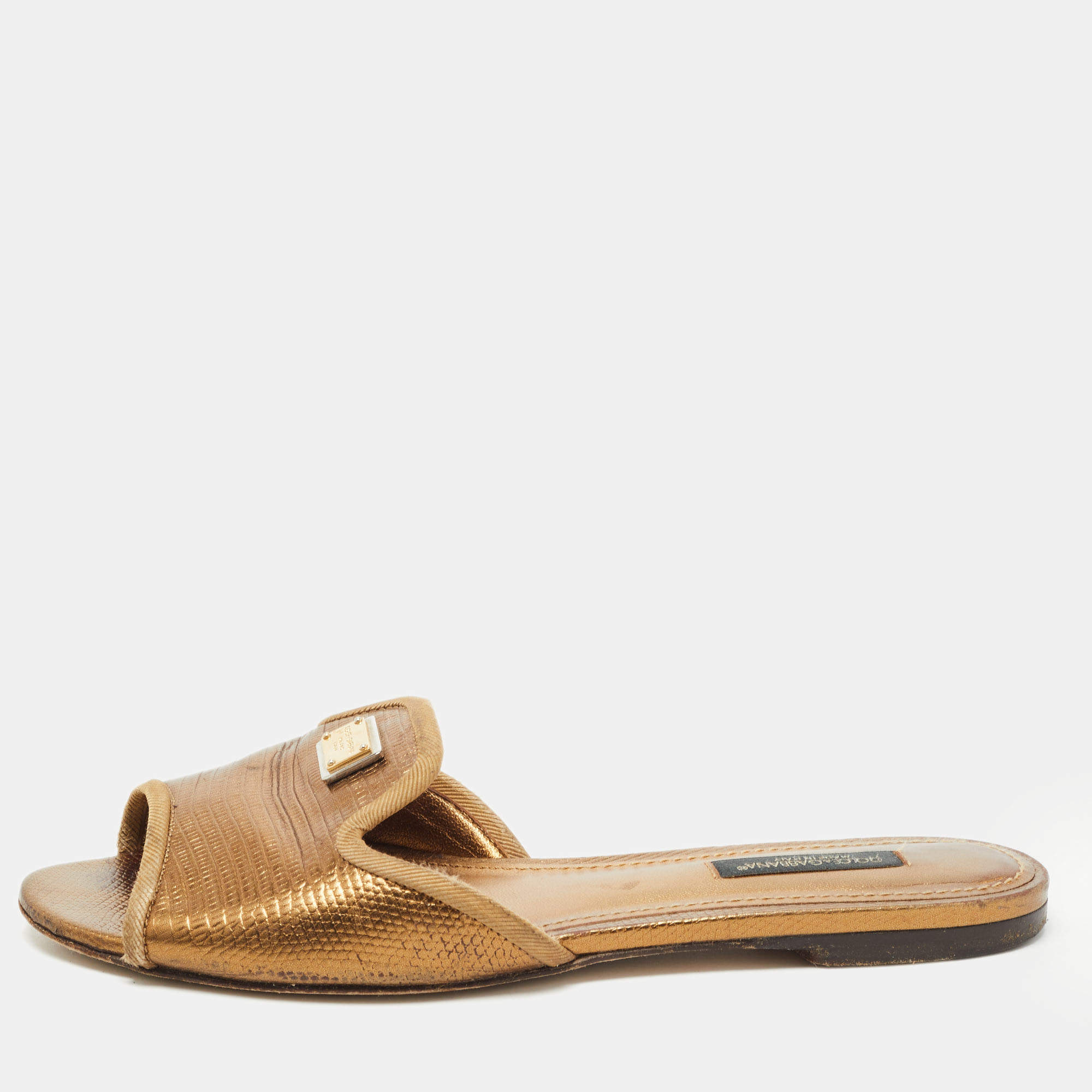 مملوكة مسبقًا Dolce & Gabbana Gold Lizard Embossed Leather Flat Slides Size 36