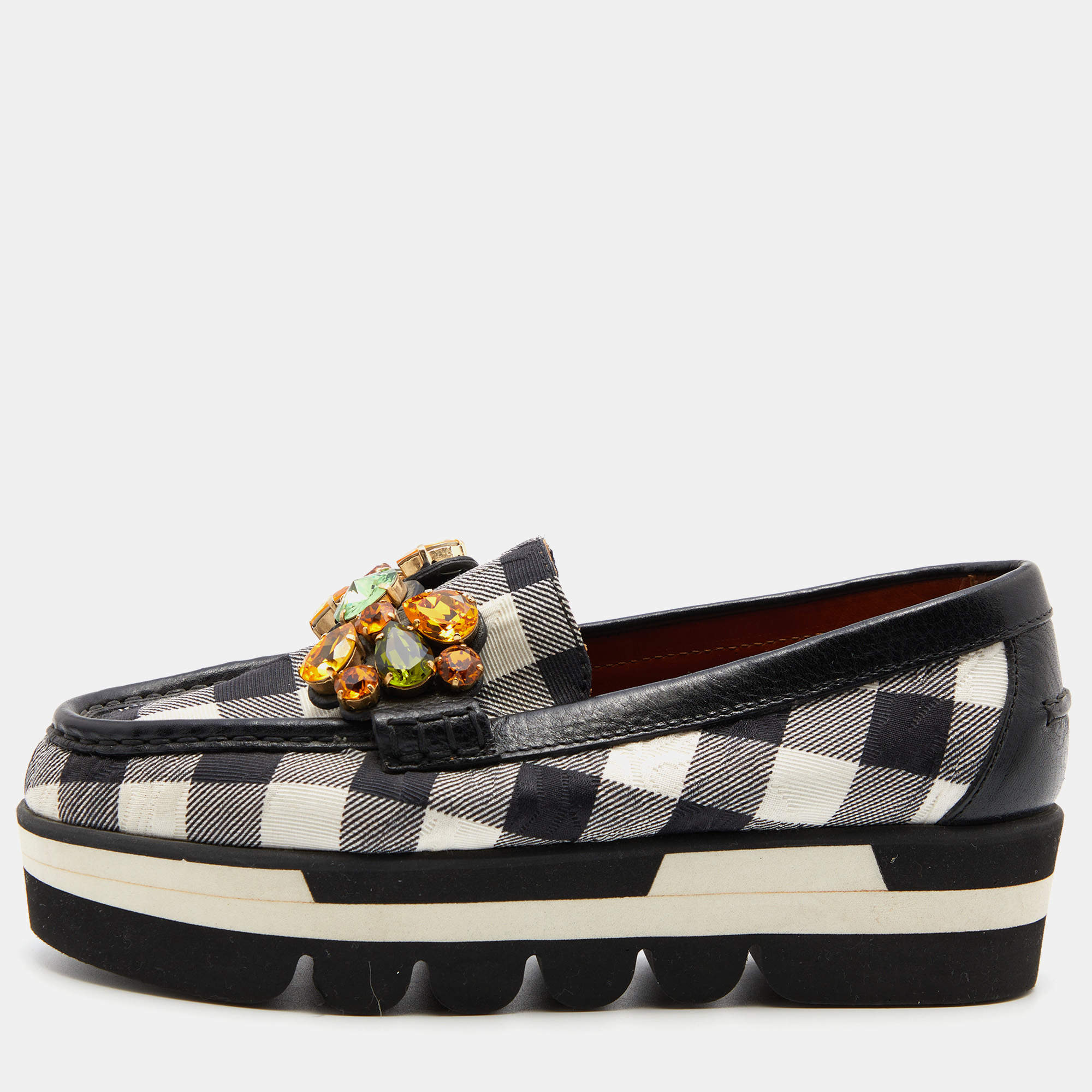 Dolce & Gabbana Black/White Stripe Lurex Fabric and Leather Crystal Embellished Loafers Size 36