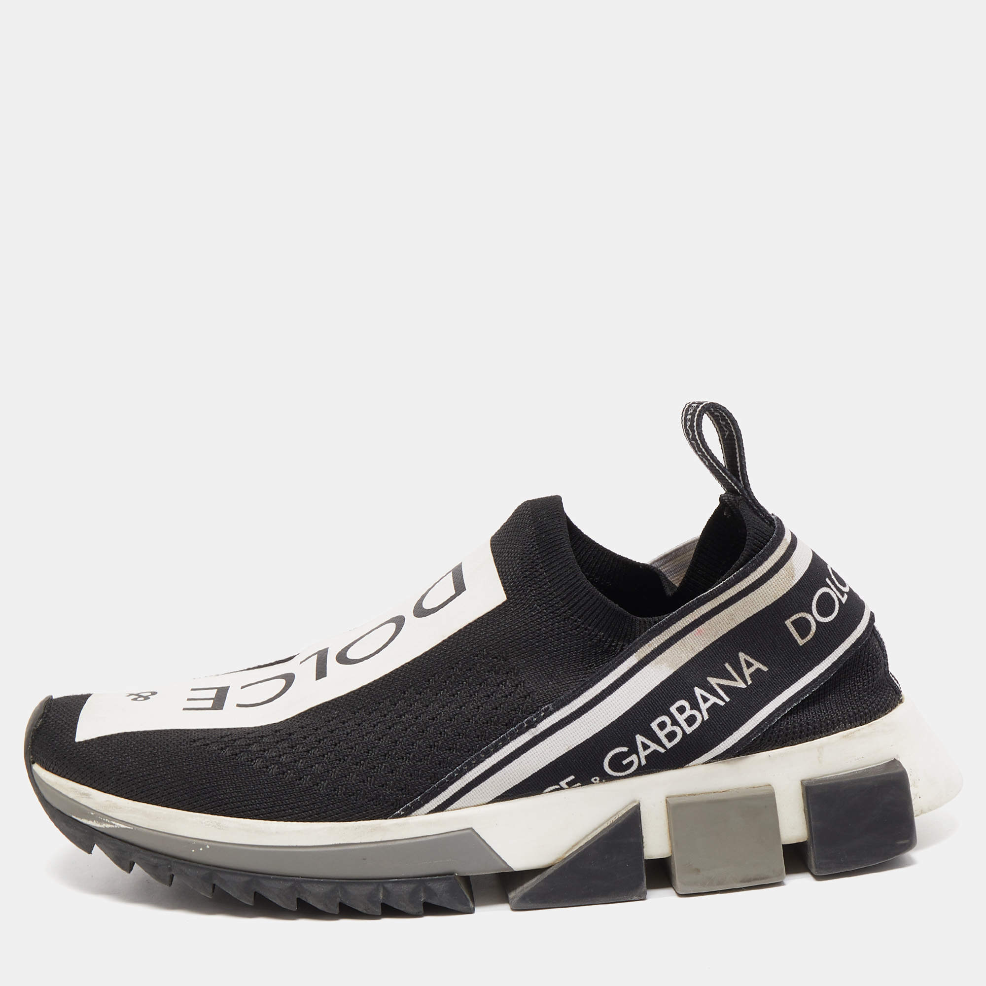 Pre Owned Dolce & Gabbana Black/White Logo Print Knit Fabric Sorrento Sneakers Size 37.5