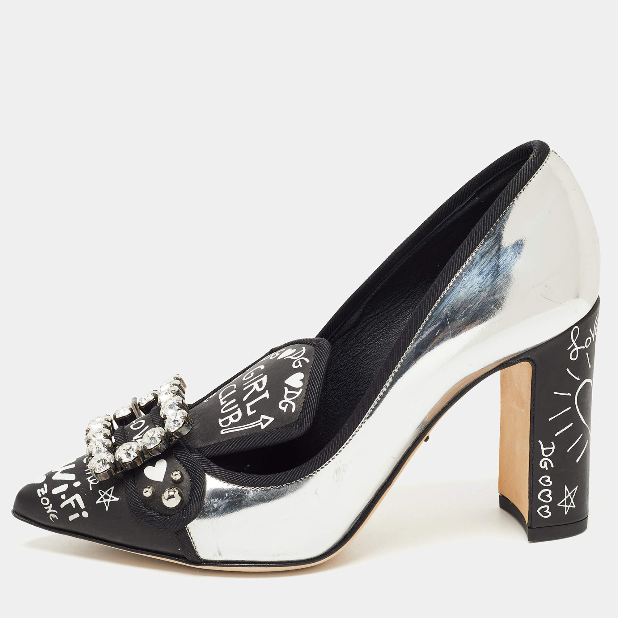 Pre Owned Dolce & Gabbana Silver/Black Leather Printed Crystal Embellished Pumps Size 36