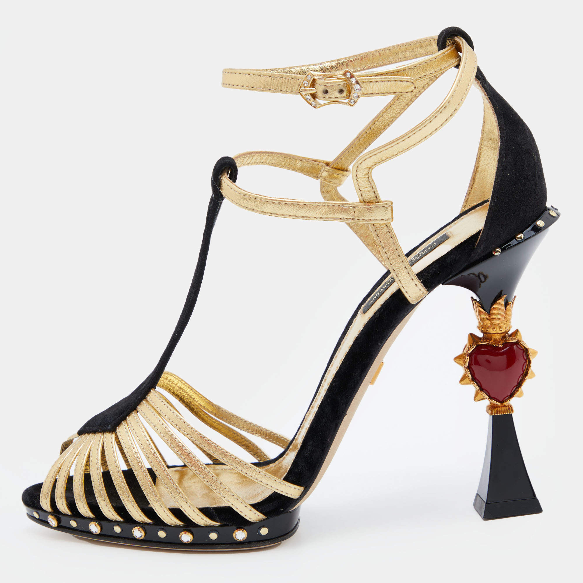مملوكة مسبقًا Dolce & Gabbana Black/Gold Leather, Velvet and Suede Heart Sculptured Heel Sandals Size 39