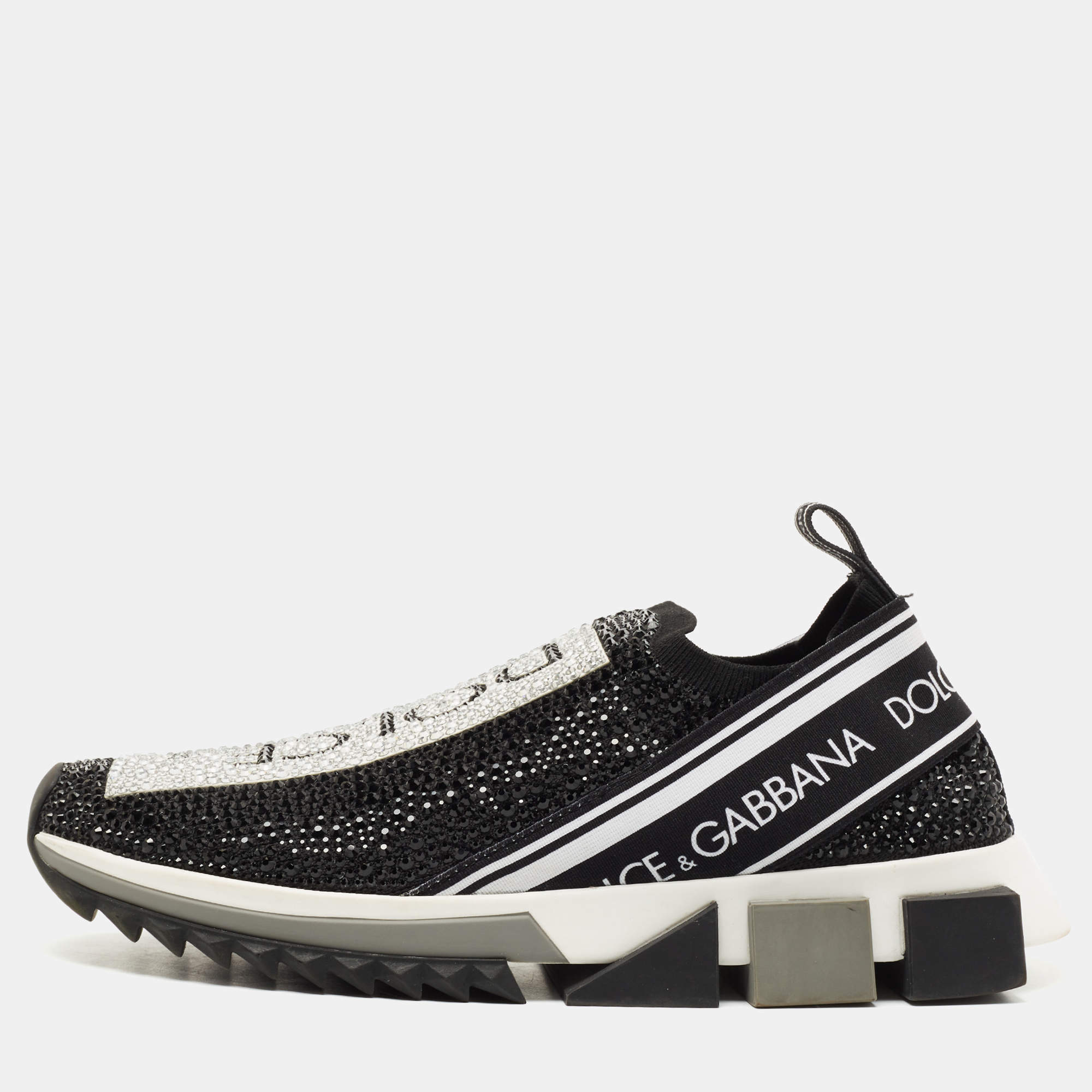 Pre Owned Dolce & Gabbana Black Crystal Embellished Knit Fabric Sorrento Sneakers Size 39