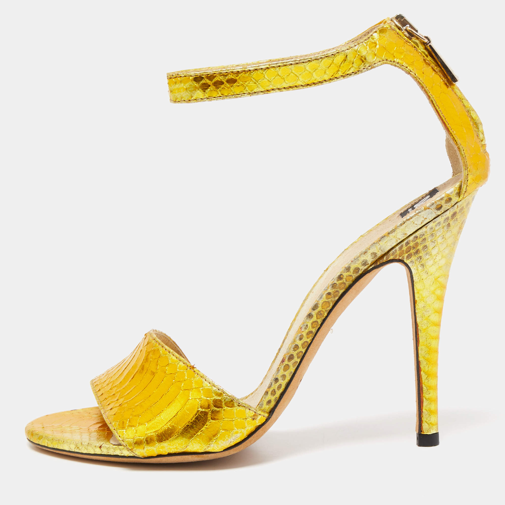 Pre Owned Dolce & Gabbana Gold Python Leather Embossed Ankle Strap Sandals Size 36