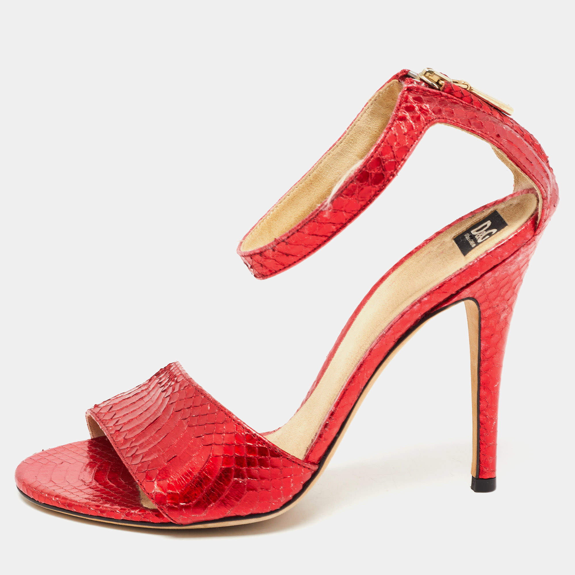 D&G Red Python Leather Ankle Strap Sandals Size 36