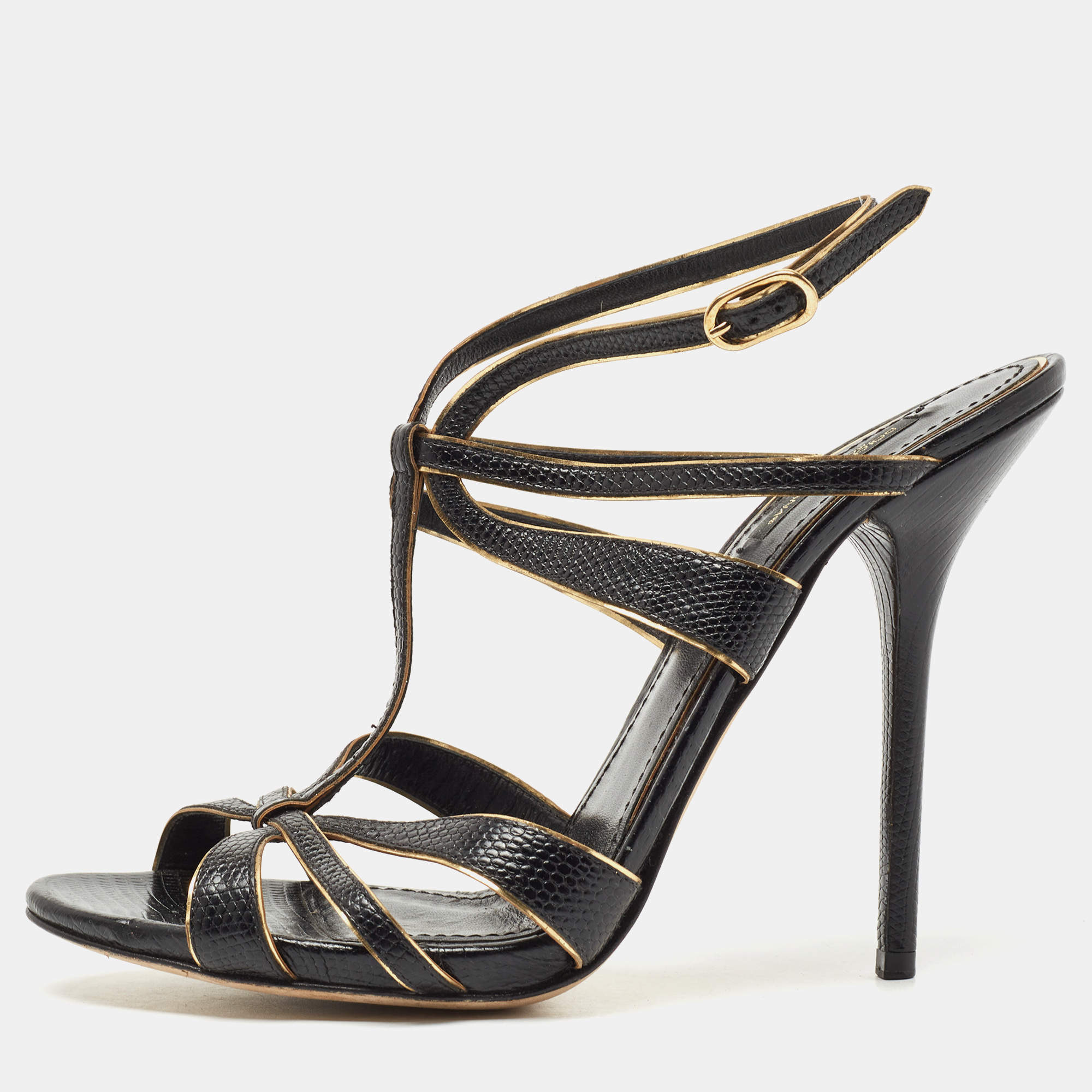 Pre Owned Dolce & Gabbana Black/Gold Lizard Embossed Leather Ankle Strap Sandals Size 41