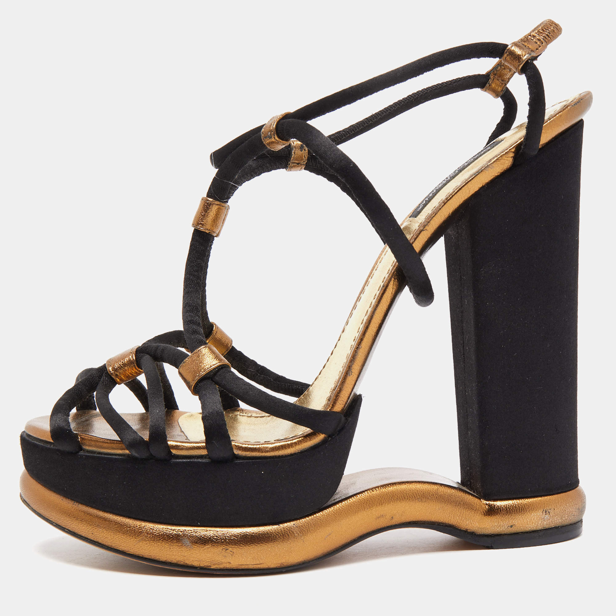 Pre Owned Dolce & Gabbana Black/Gold Leather and Satin Strappy Wedge Sandals Size 40