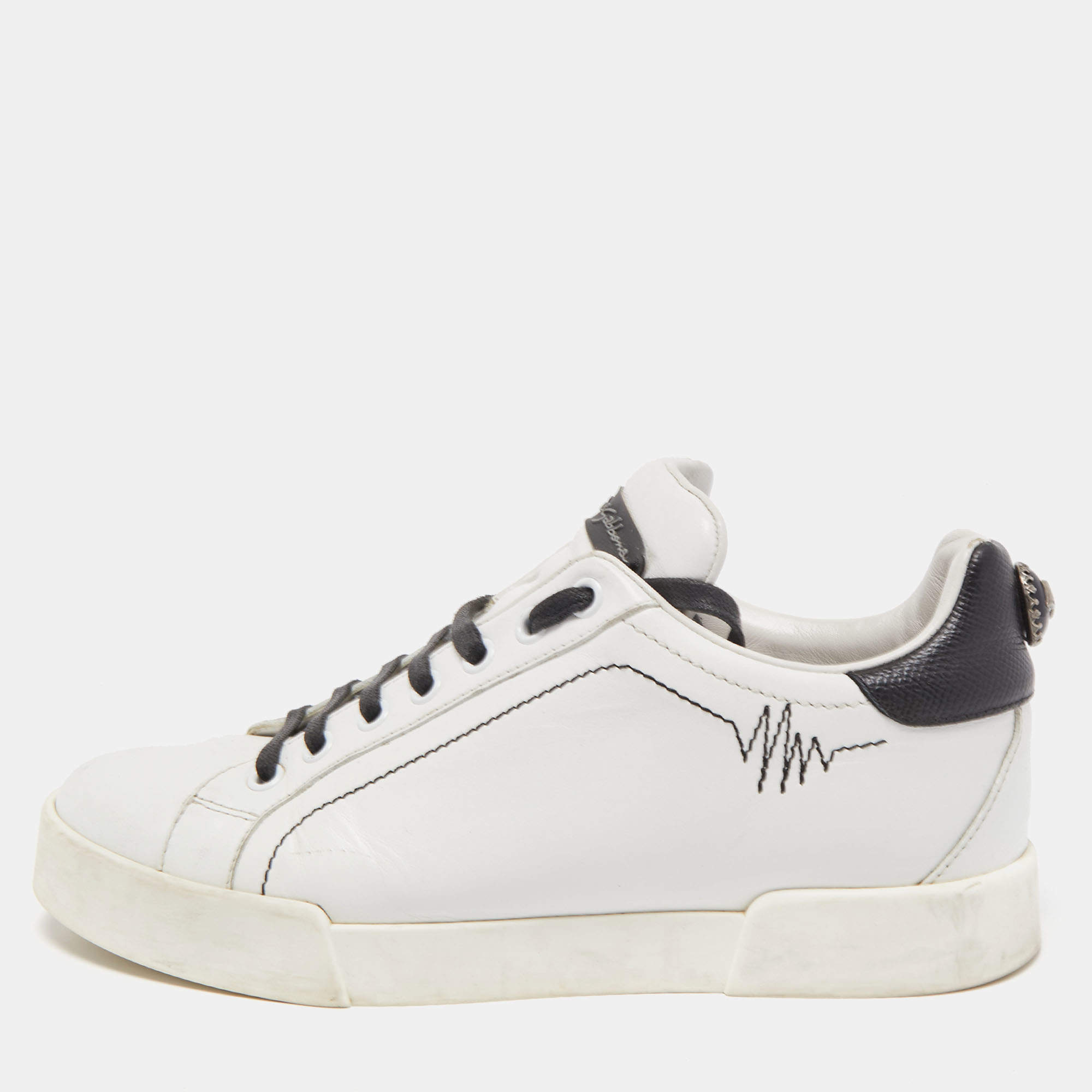 Pre Owned Dolce & Gabbana White Leather Heartbeat Embroidered Sneakers Size 37.5