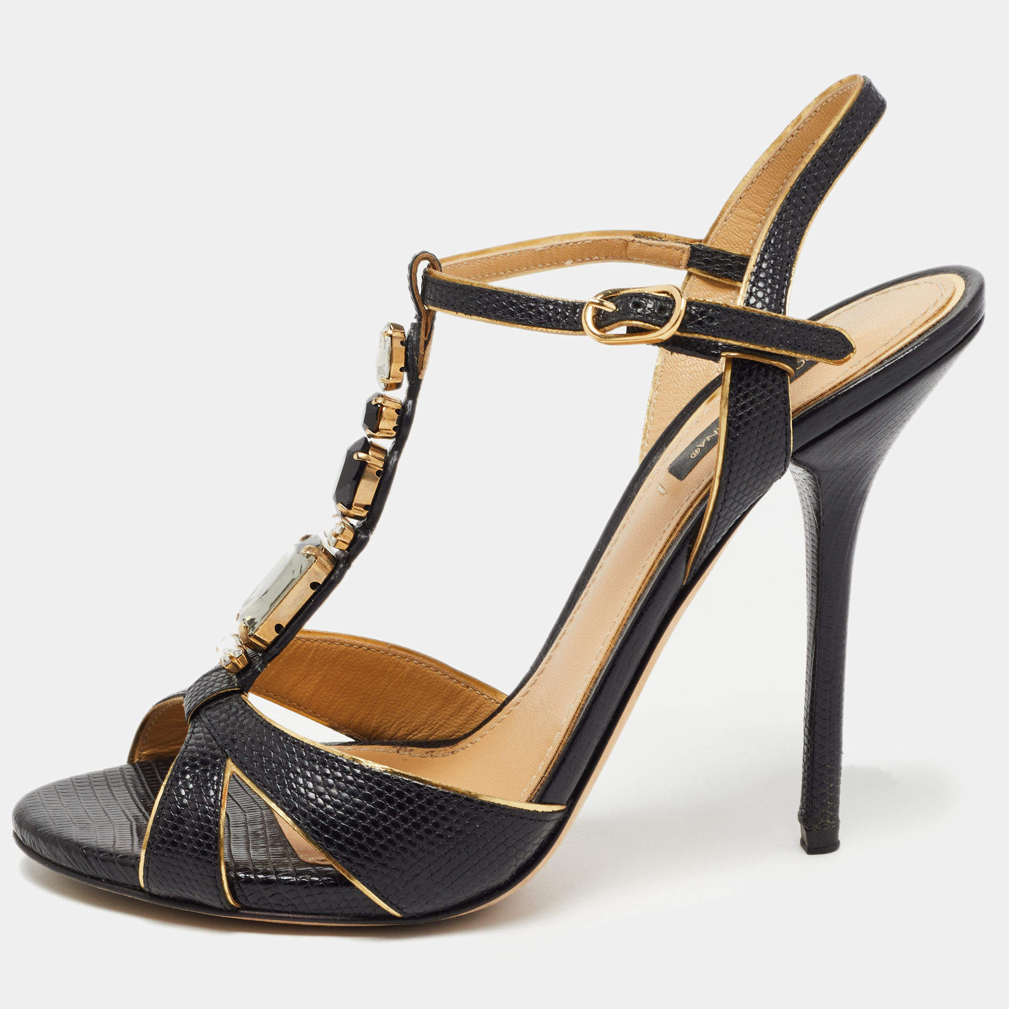 Pre Owned Dolce & Gabbana Black Lizard Embossed Leather Crystal Embellished T-Strap Sandals Size 39