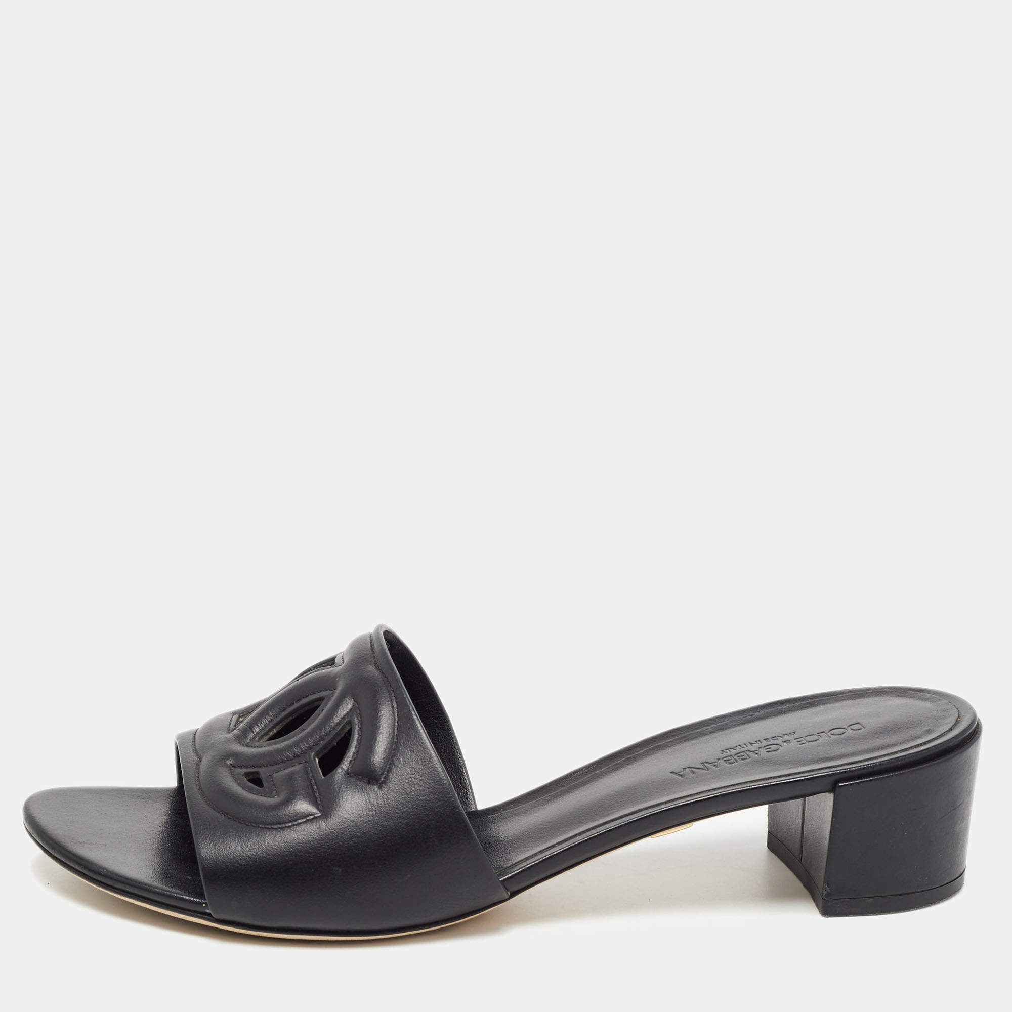 Pre Owned Dolce & Gabbana Black Leather Laser Cut Logo Slide Sandals Size 41