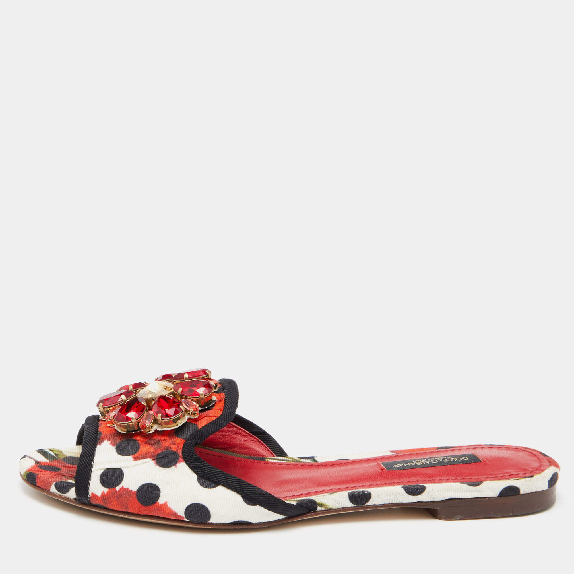 Dolce & Gabbana Multicolor Polka/Floral Print Fabric Belucci Crystals Flat Slides Size 36