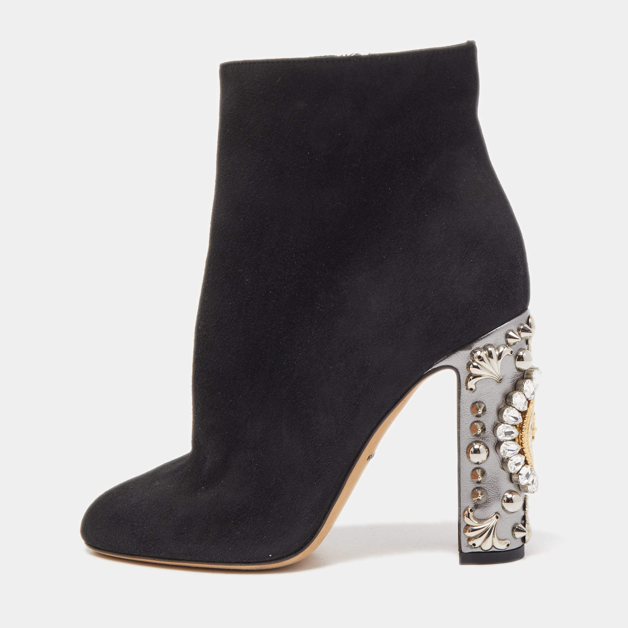 Pre Owned Dolce & Gabbana Black Suede Crystal Embellished Clock Heel Ankle Booties Size 38