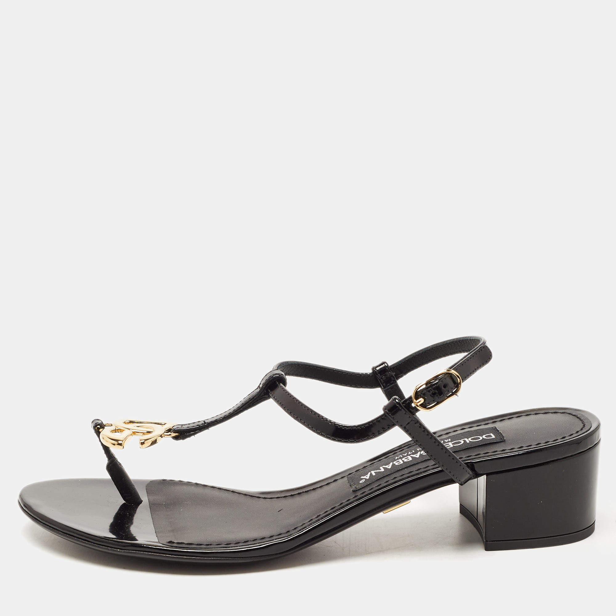 Pre Owned Dolce & Gabbana Black Patent Logo Plaque Thong Sandals Size 37.5
