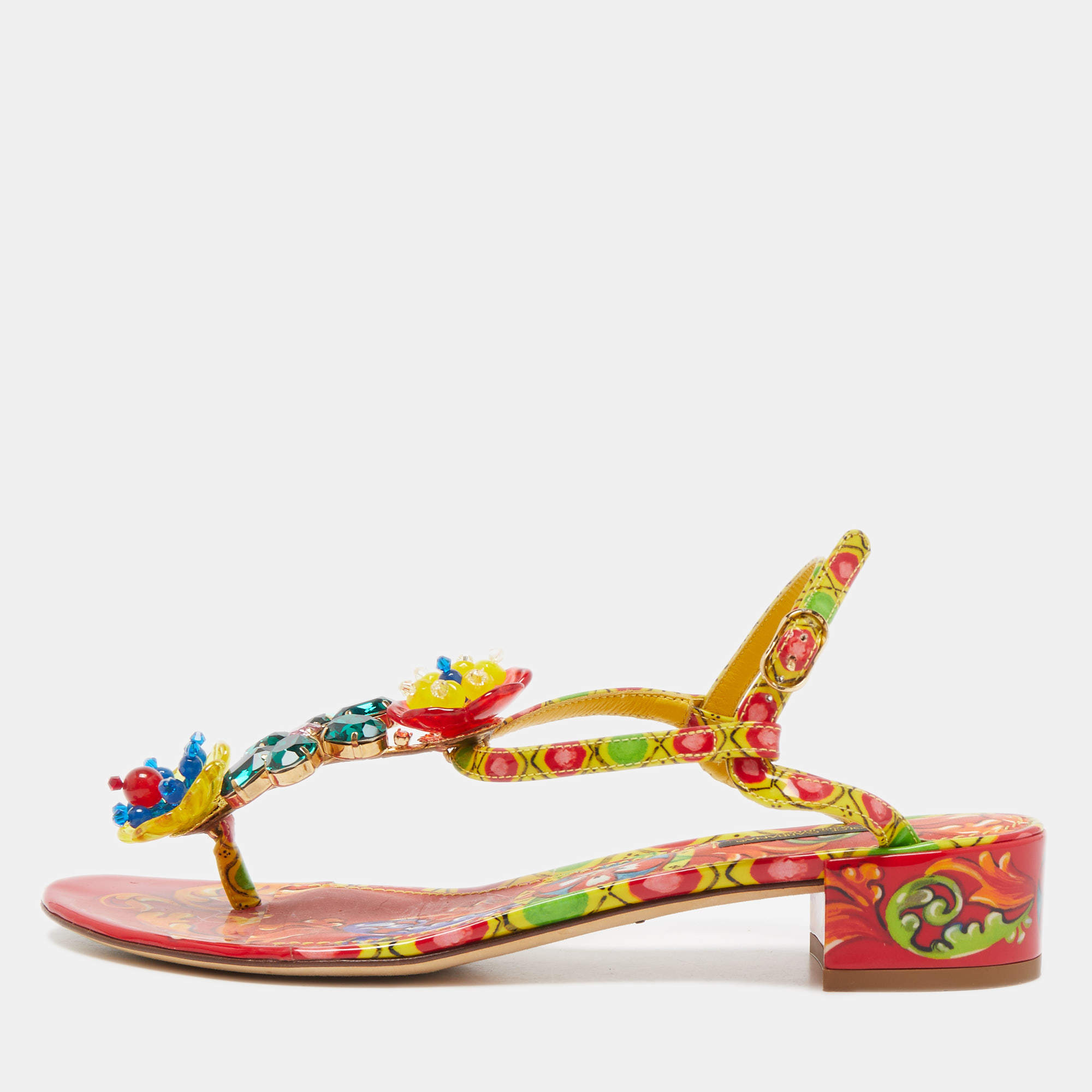 Dolce & Gabbana Multicolor Printed Patent Leather Embellished Ankle Strap Sandals Size 38