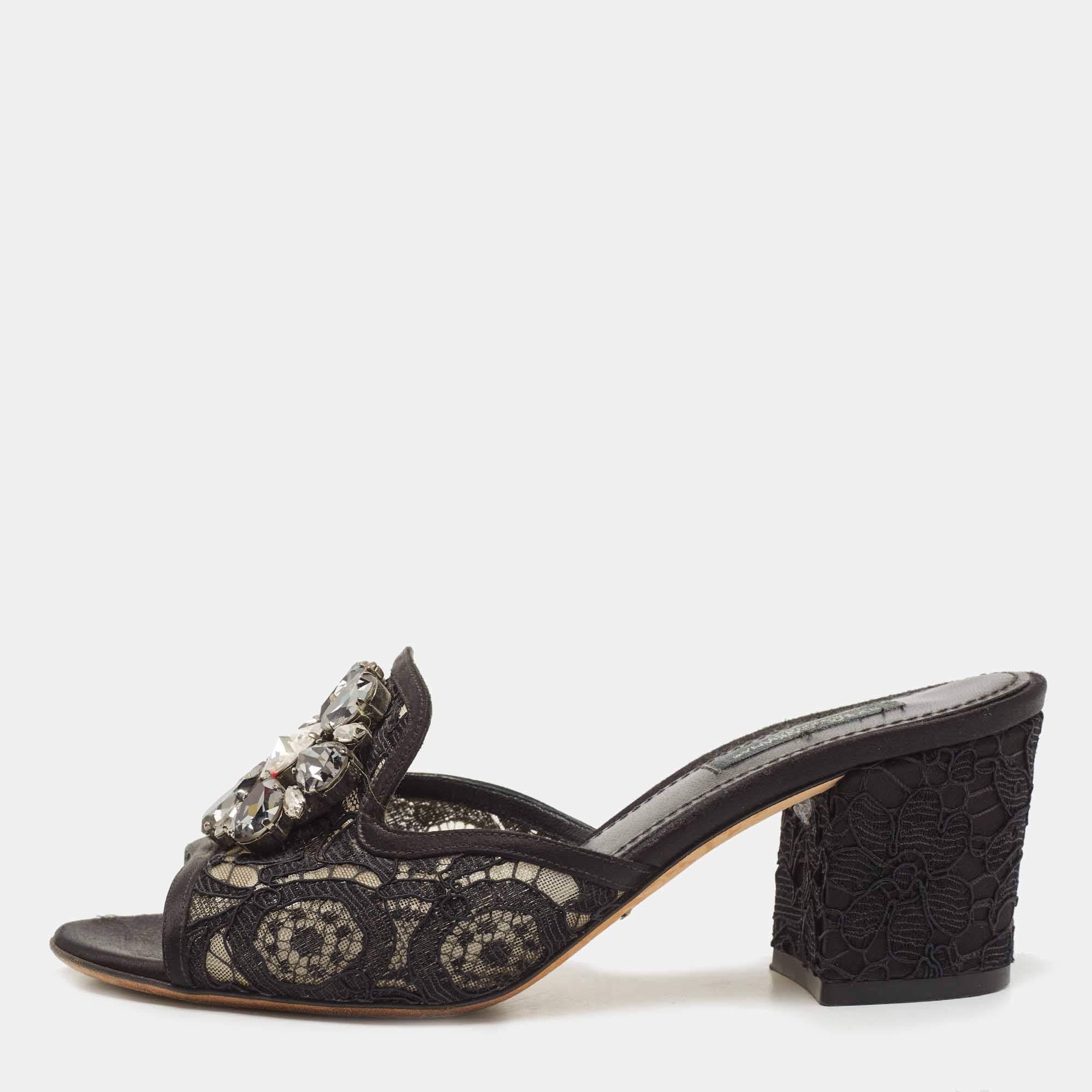 Dolce & Gabbana Black Lace Crystal Embellished Bianca Slide