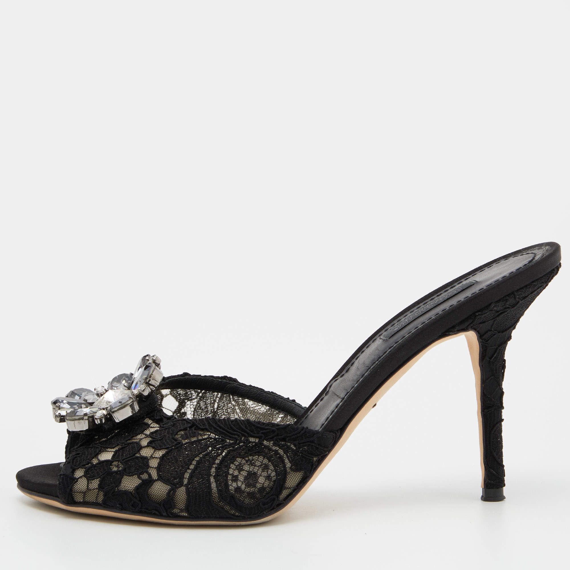 مملوكة مسبقًا Dolce & Gabbana Black  Lace Crystal Embellished Bianca Open Toe Platform Slide Sandals Size 40