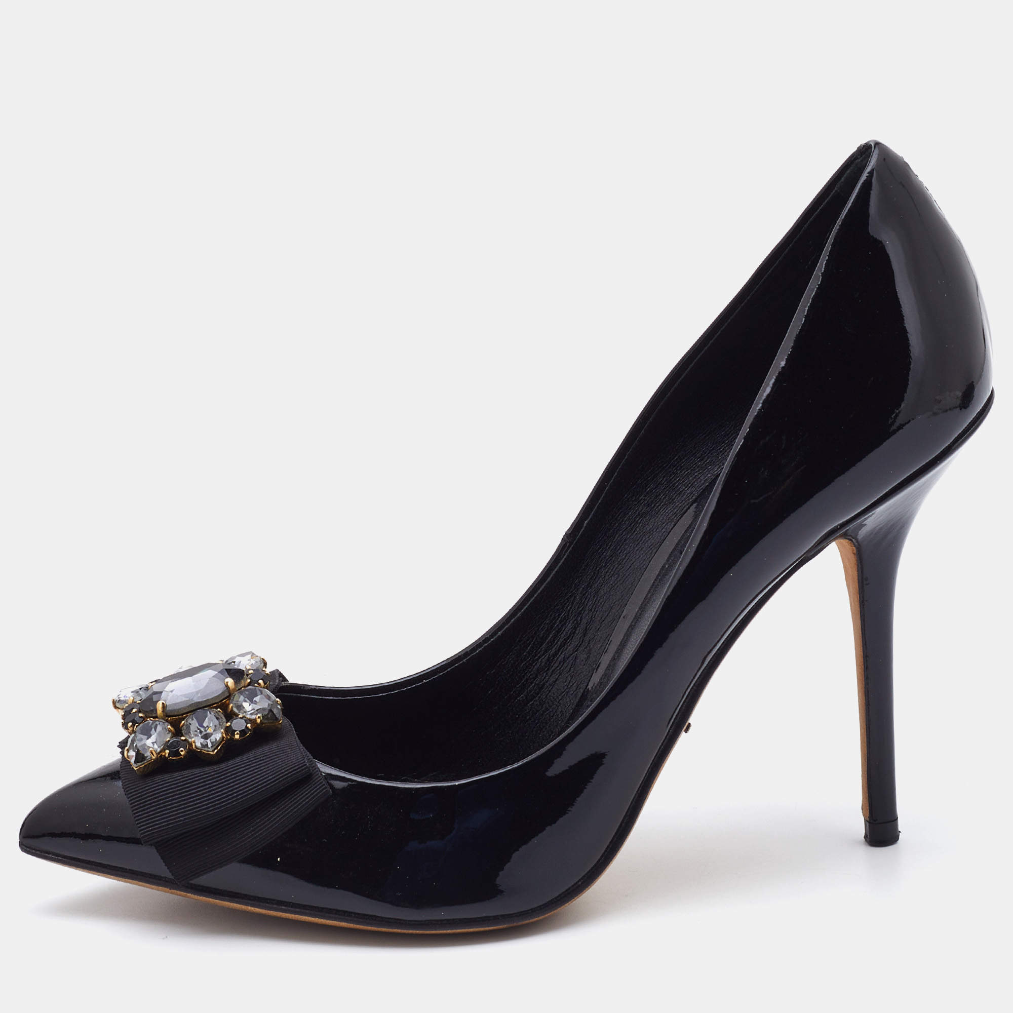 Pre Owned Dolce & Gabbana Black Patent Leather Crystal Embellished Bow Pumps Size 38.5