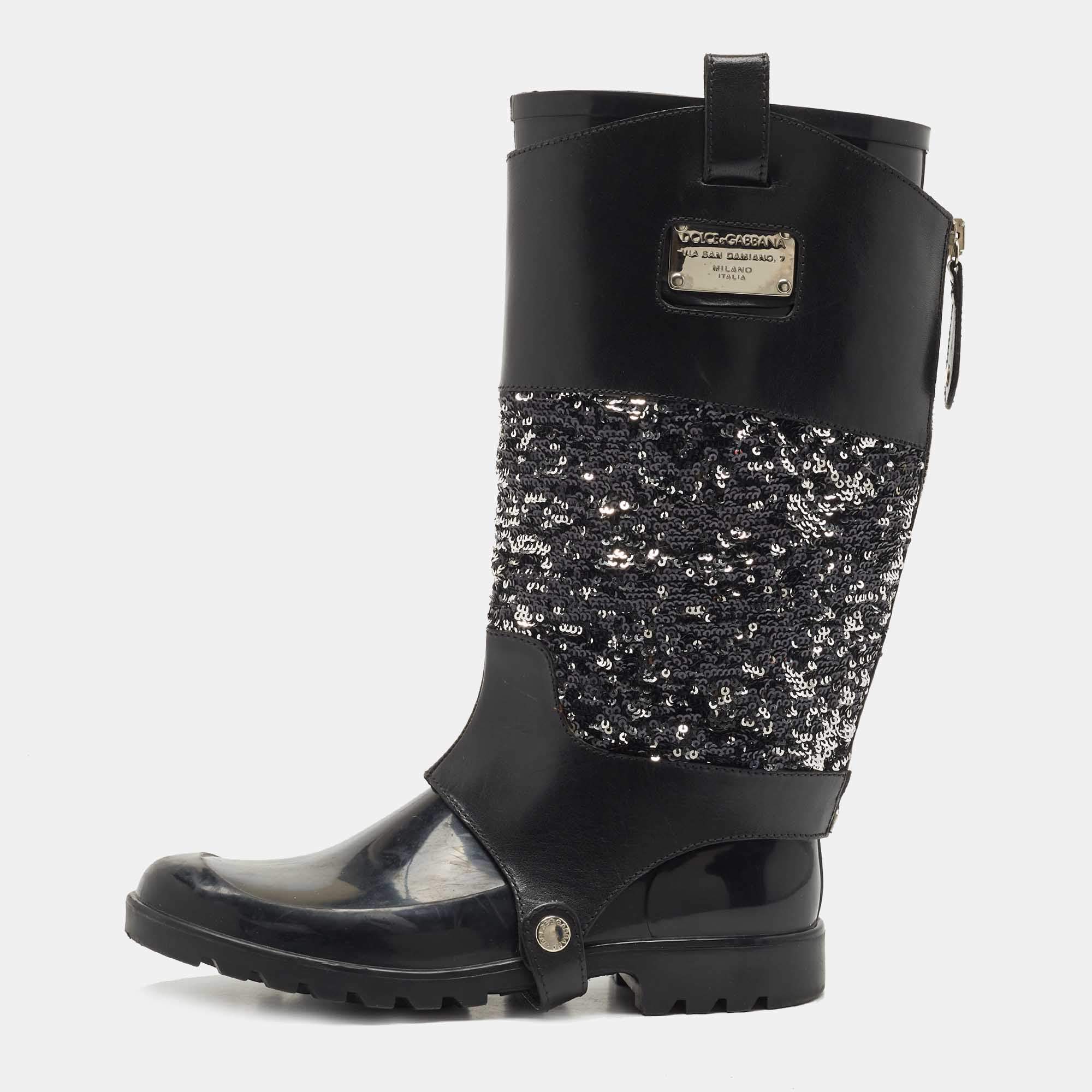 Pre Owned Dolce & Gabbana Black Rubber, Leather and Sequins Rain Boots Size 41