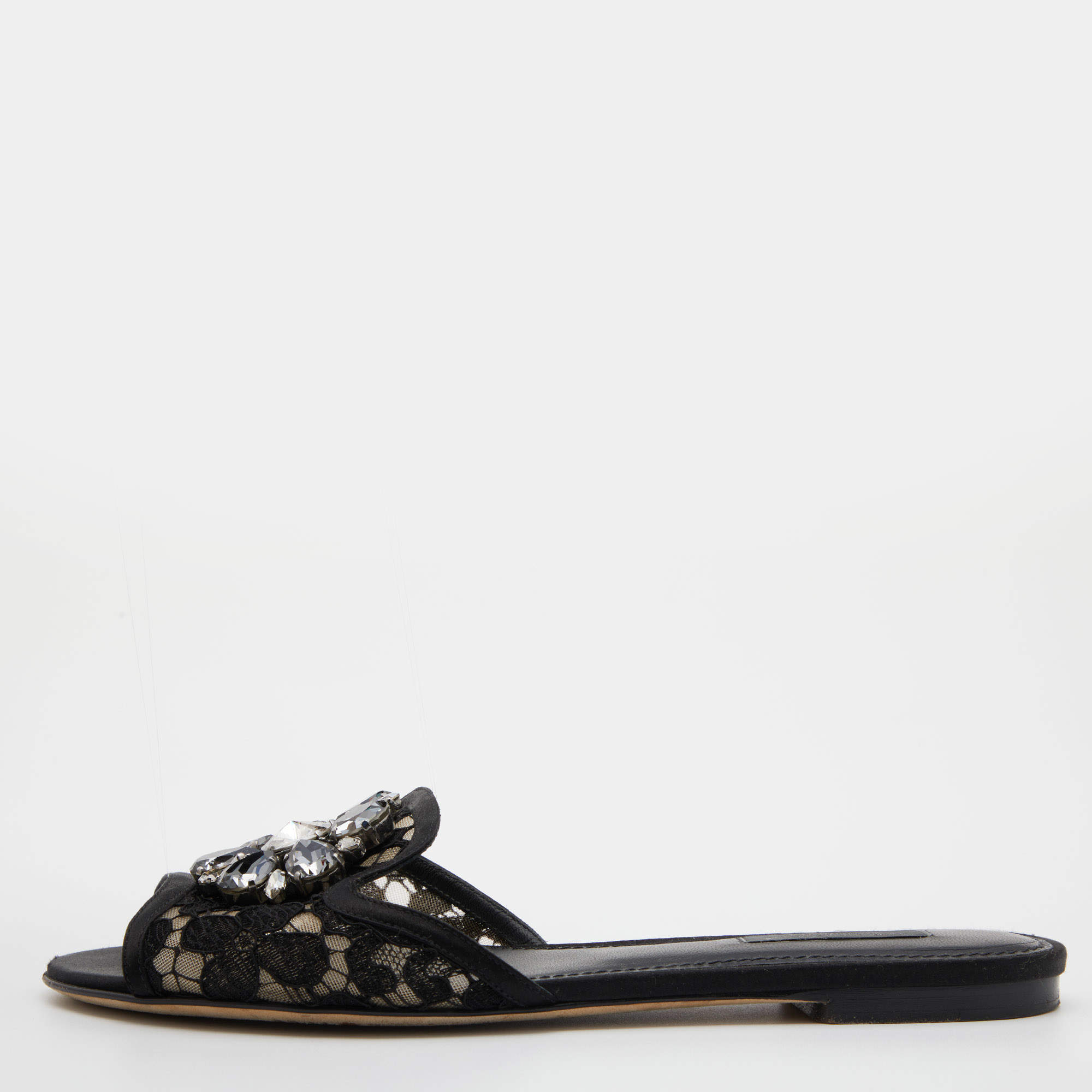 Dolce & Gabbana Black Lace and Satin Sofia Crystal Embellished Slides Size 37.5
