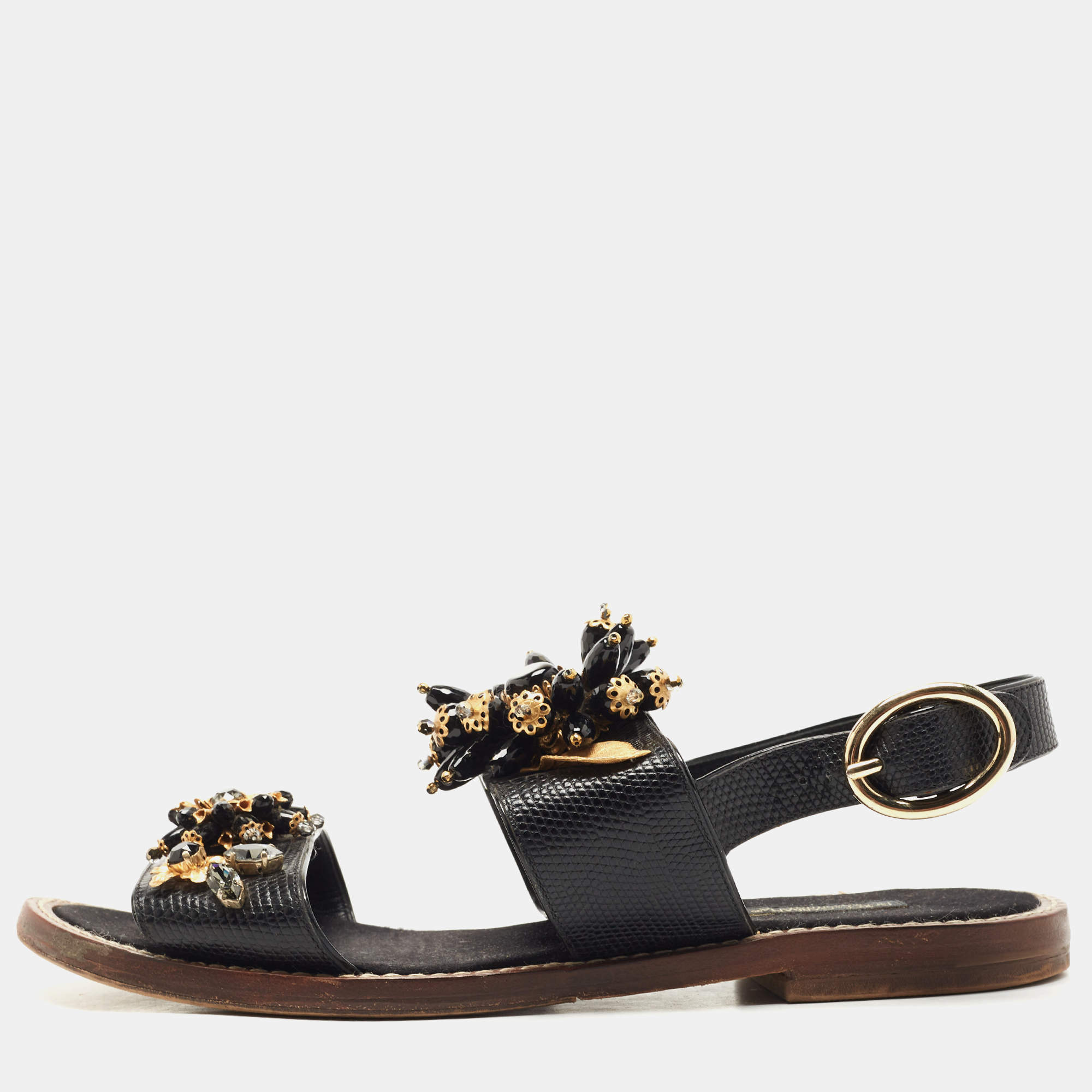 Pre Owned Dolce & Gabbana Black Lizard Leather Crystal Embellished Slingback Flat Sandals Size 38