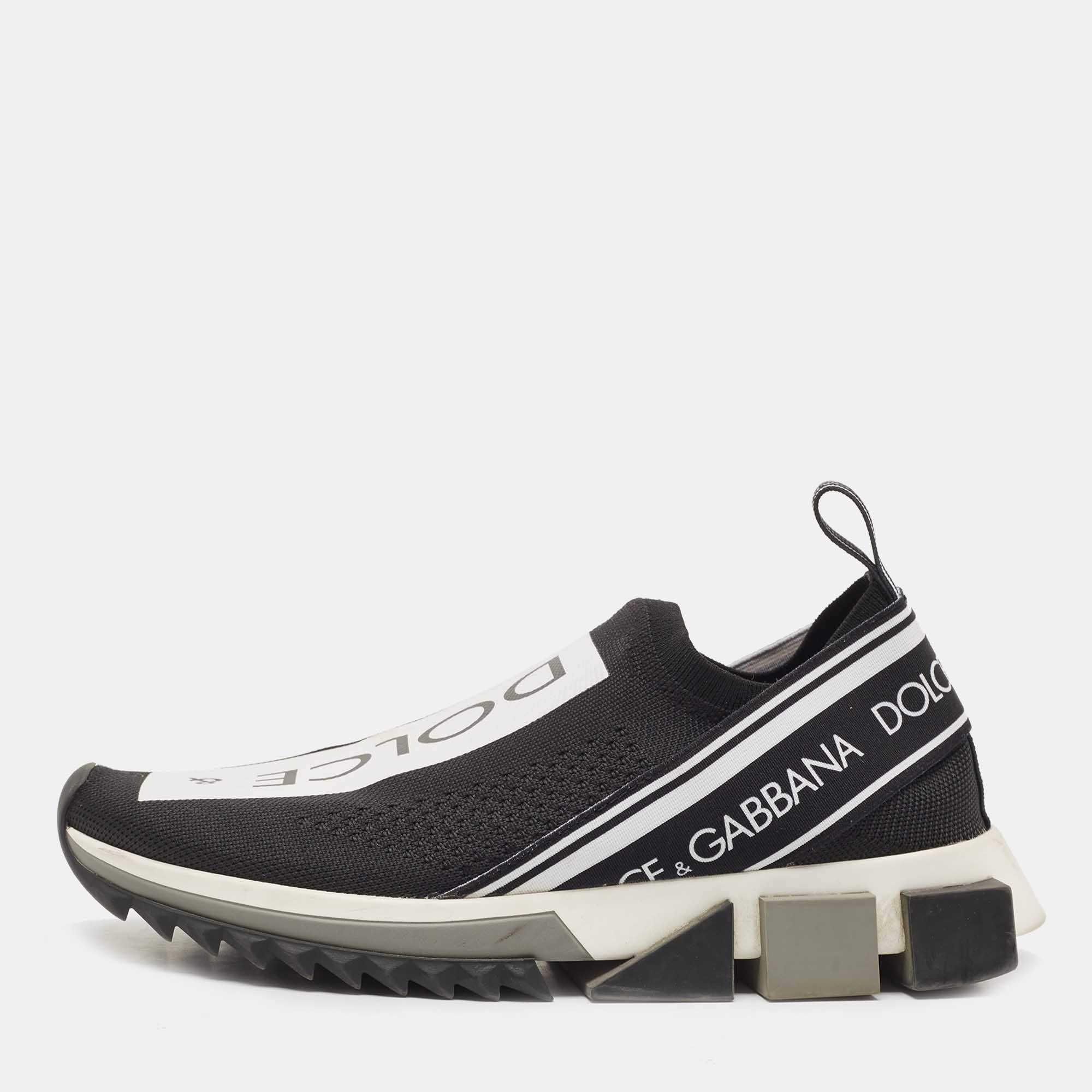 Pre Owned Dolce & Gabbana Black/White Logo Print Knit Fabric Sorrento Sneakers Size 38