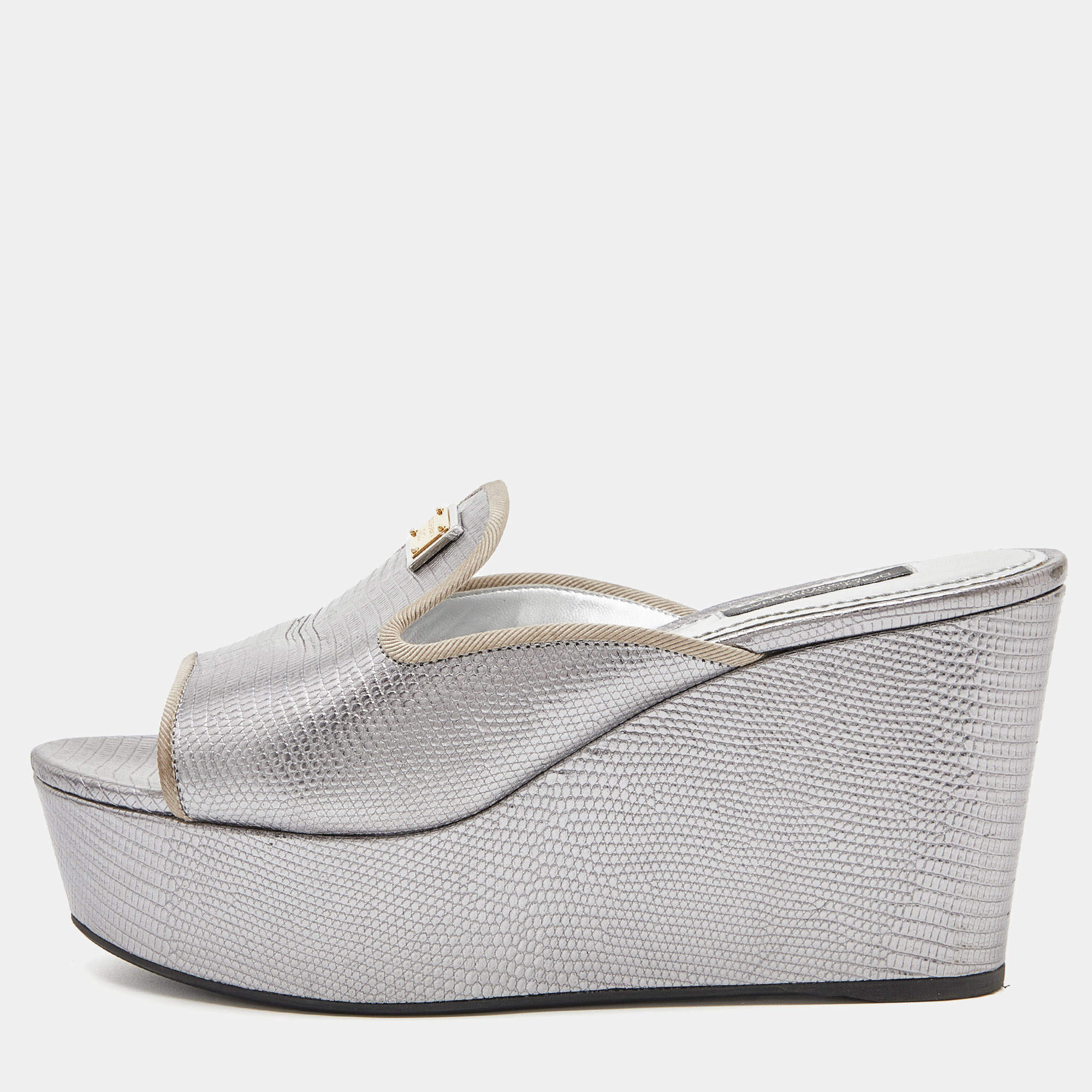 Pre Owned Dolce & Gabbana Silver Embossed Lizard Leather Peep Toe Mules Size 37
