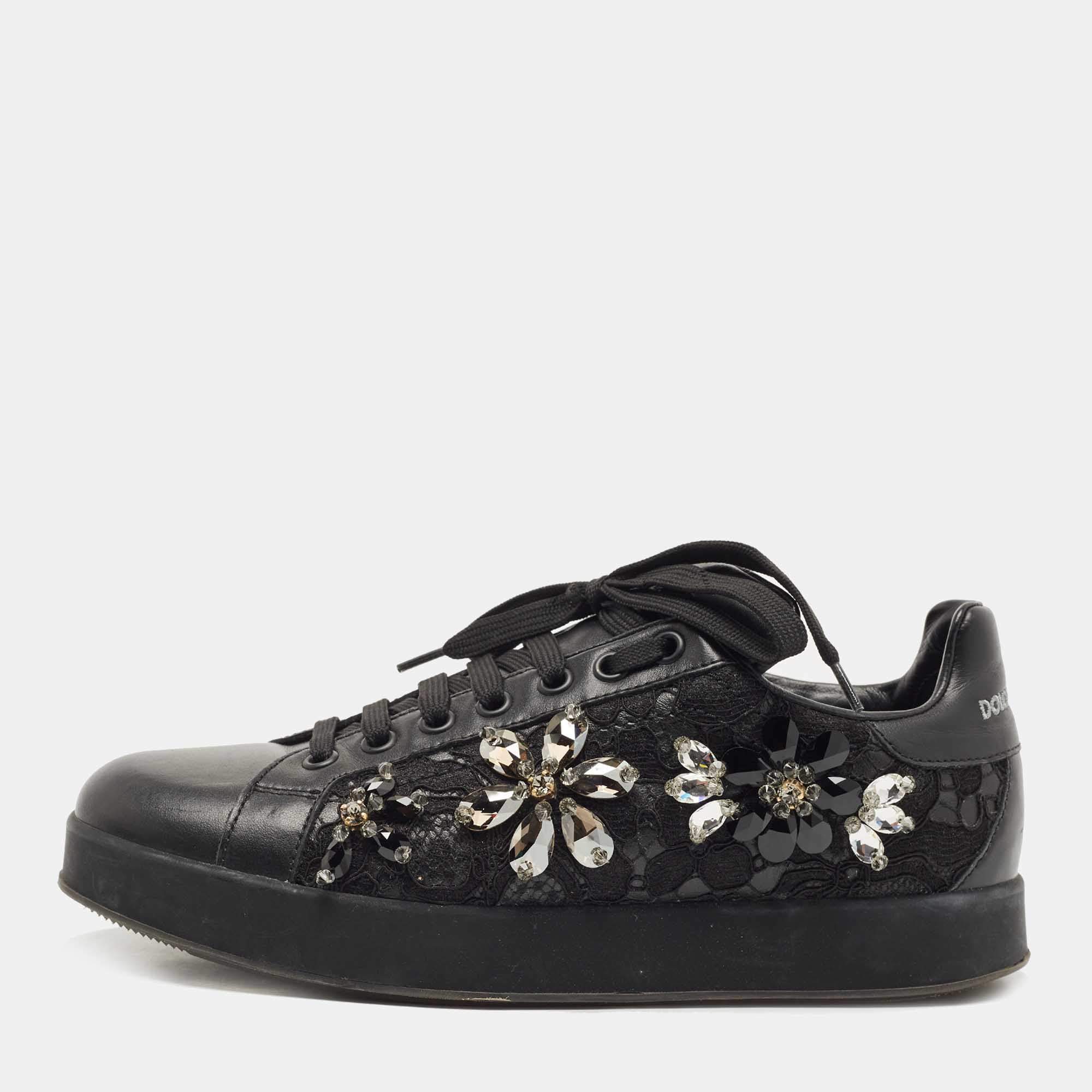 Pre Owned Dolce & Gabbana Black Leather, Lace  Low Top Sneakers Size 37