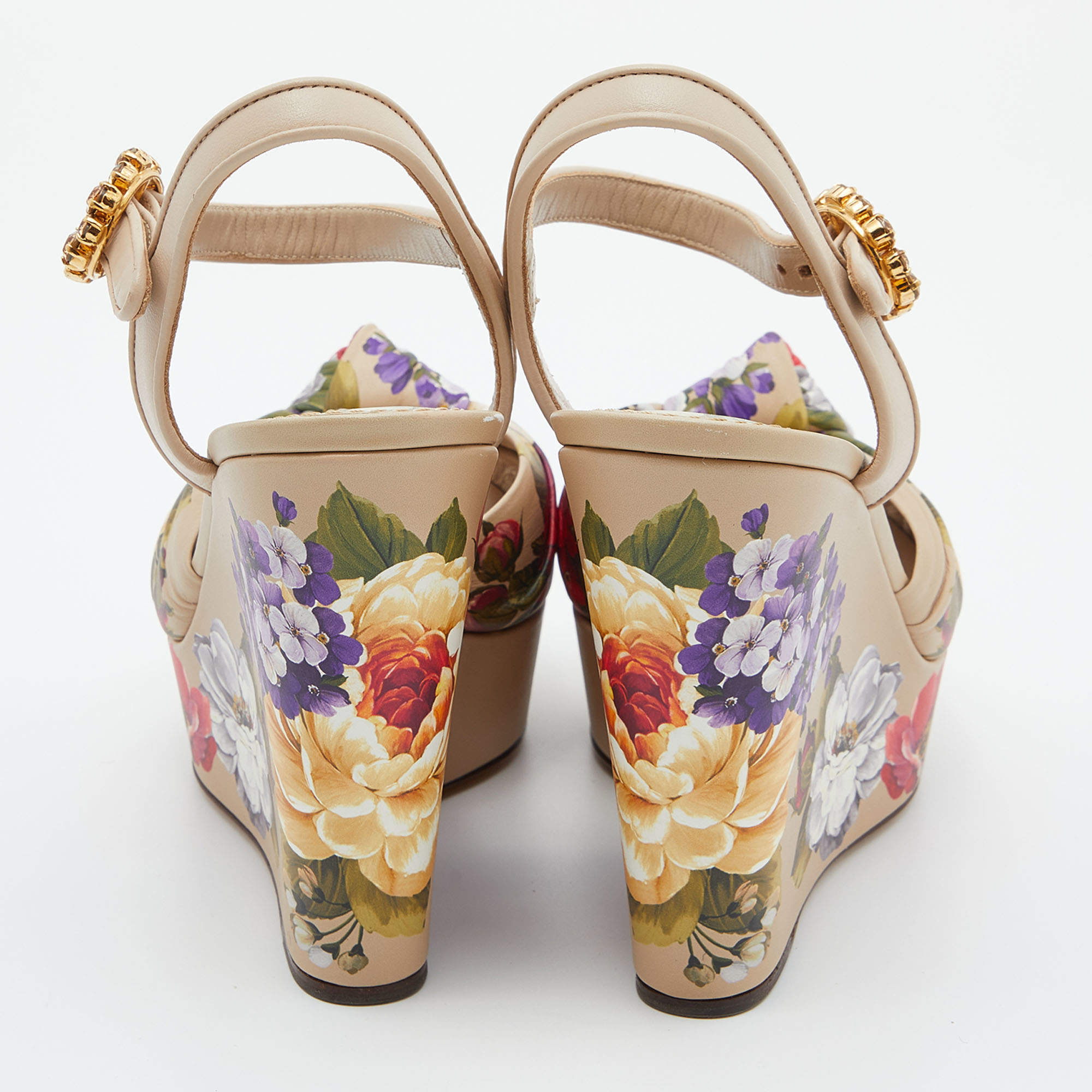 Dolce & Gabbana Multicolor Floral Print Leather Knot Wedge Sandals