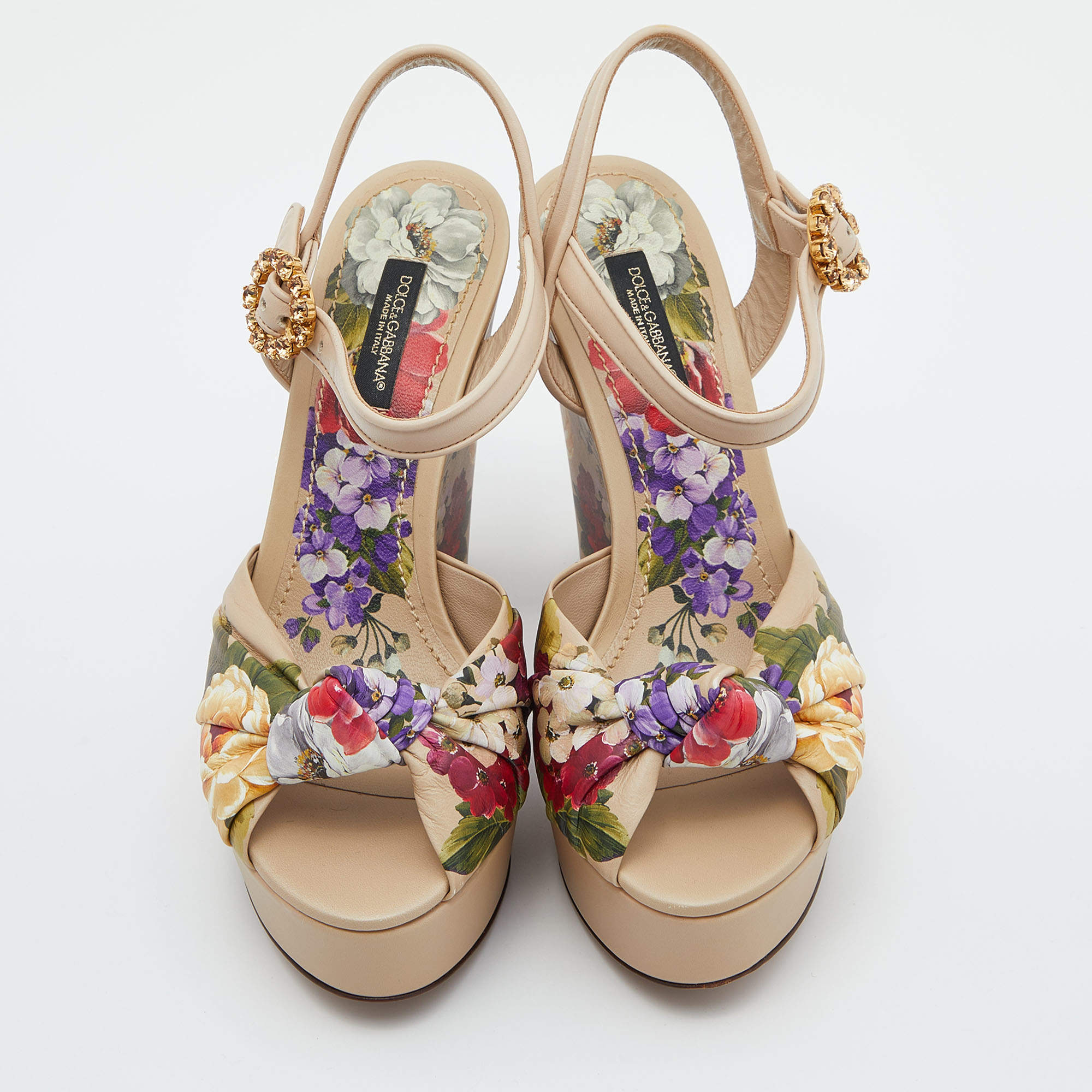 Dolce & Gabbana Multicolor Floral Print Leather Knot Wedge Sandals