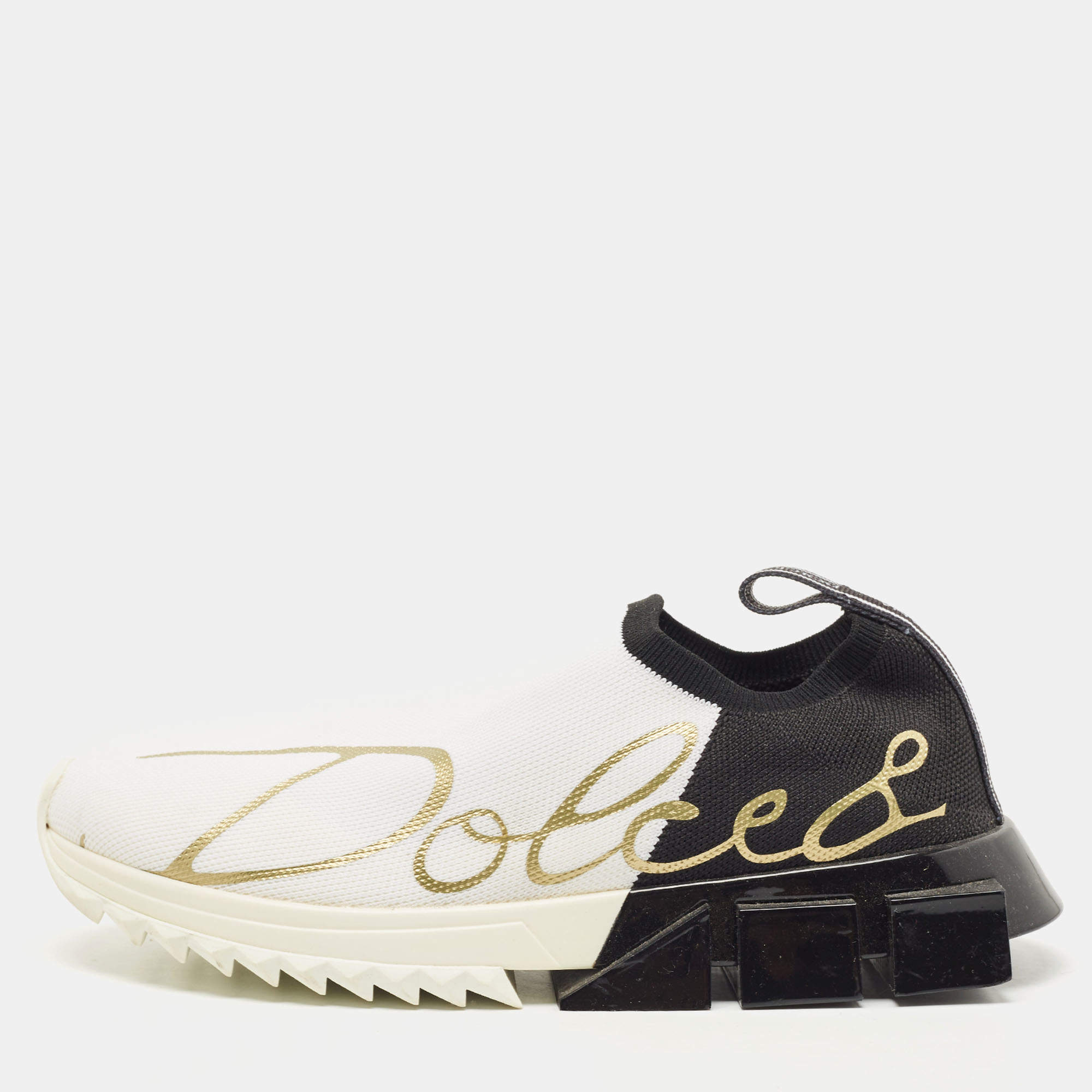 Pre Owned Dolce & Gabbana White /Black Knit Fabric Sorrento Slip on Sneakers Size 37.5