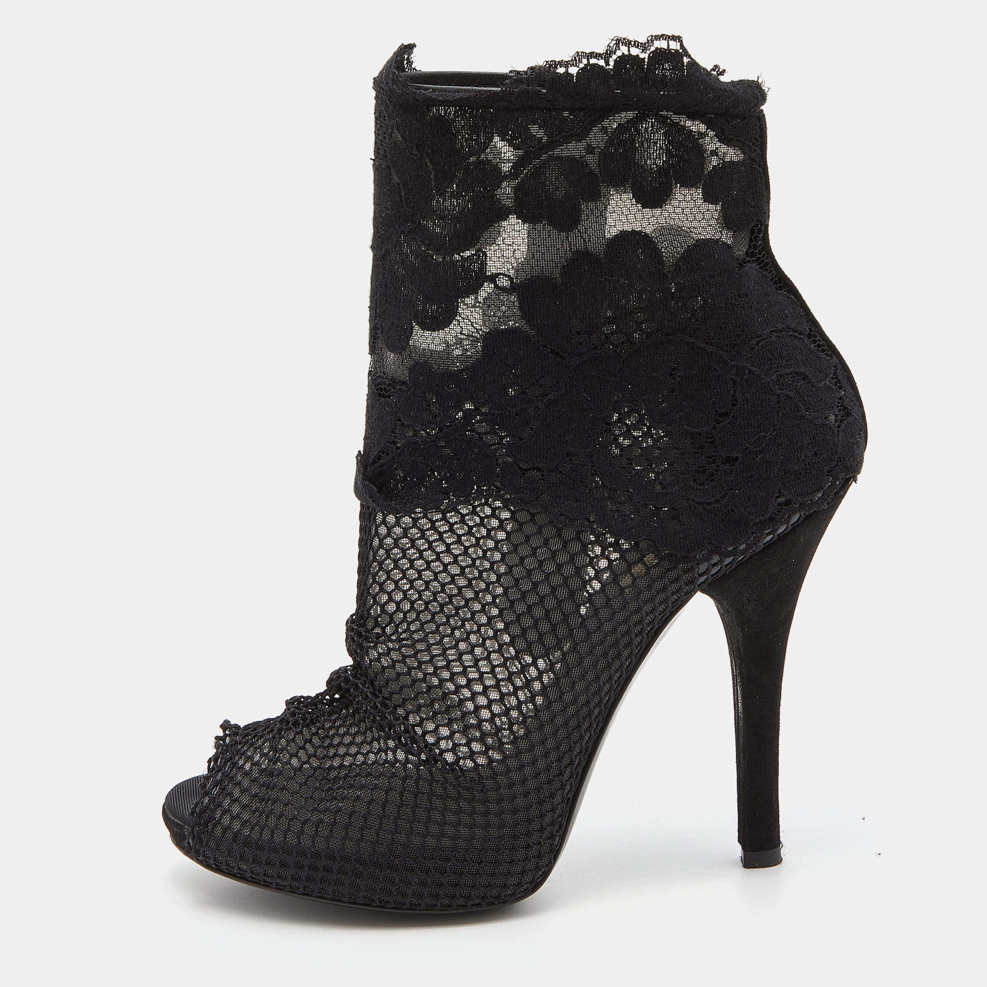 Pre Owned Dolce & Gabbana Black Lace and Mesh Peep Toe Booties Size 37.5