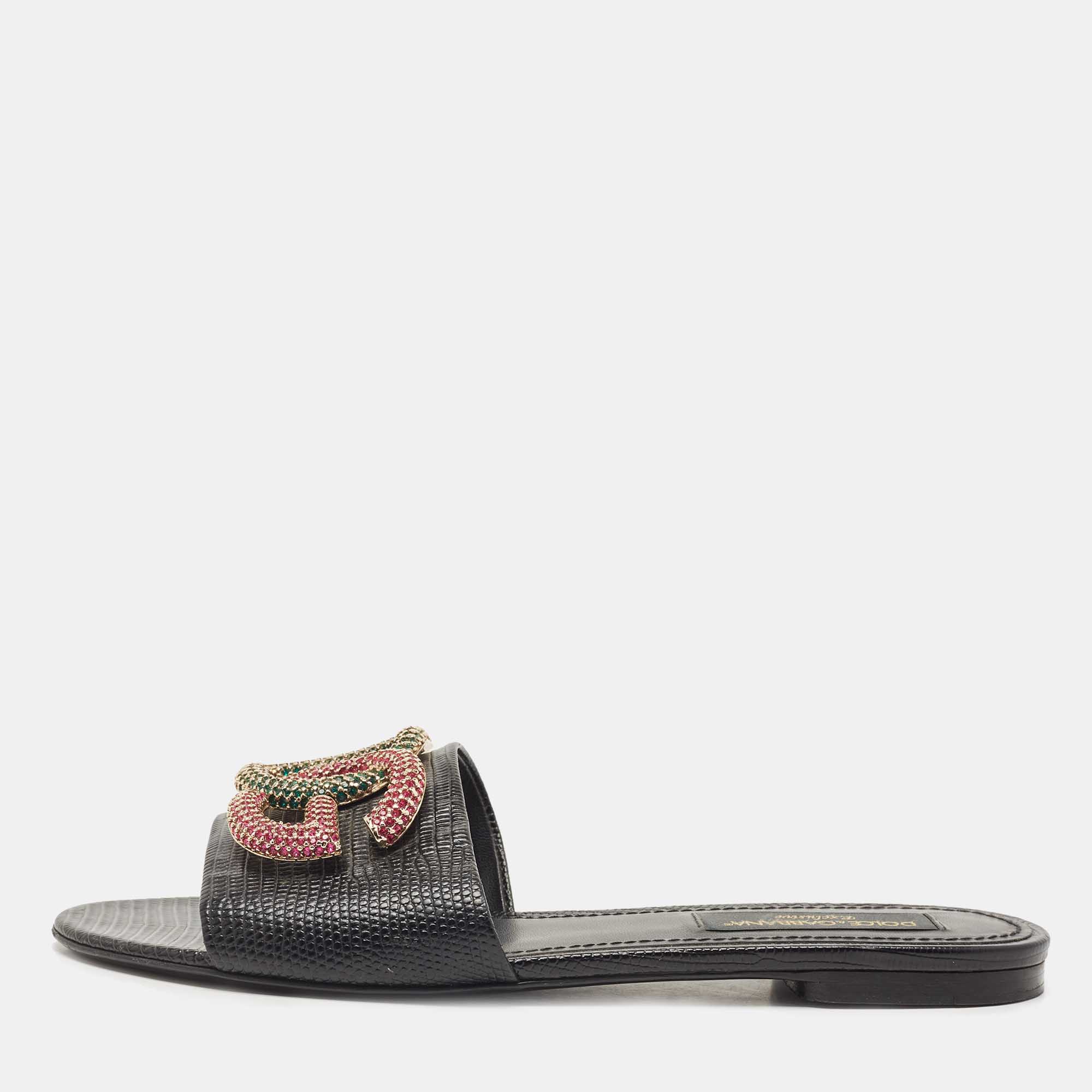 Pre Owned Dolce & Gabbana Black Lizard Embossed Leather Crystal Embellished DG Flat Slides Size 40