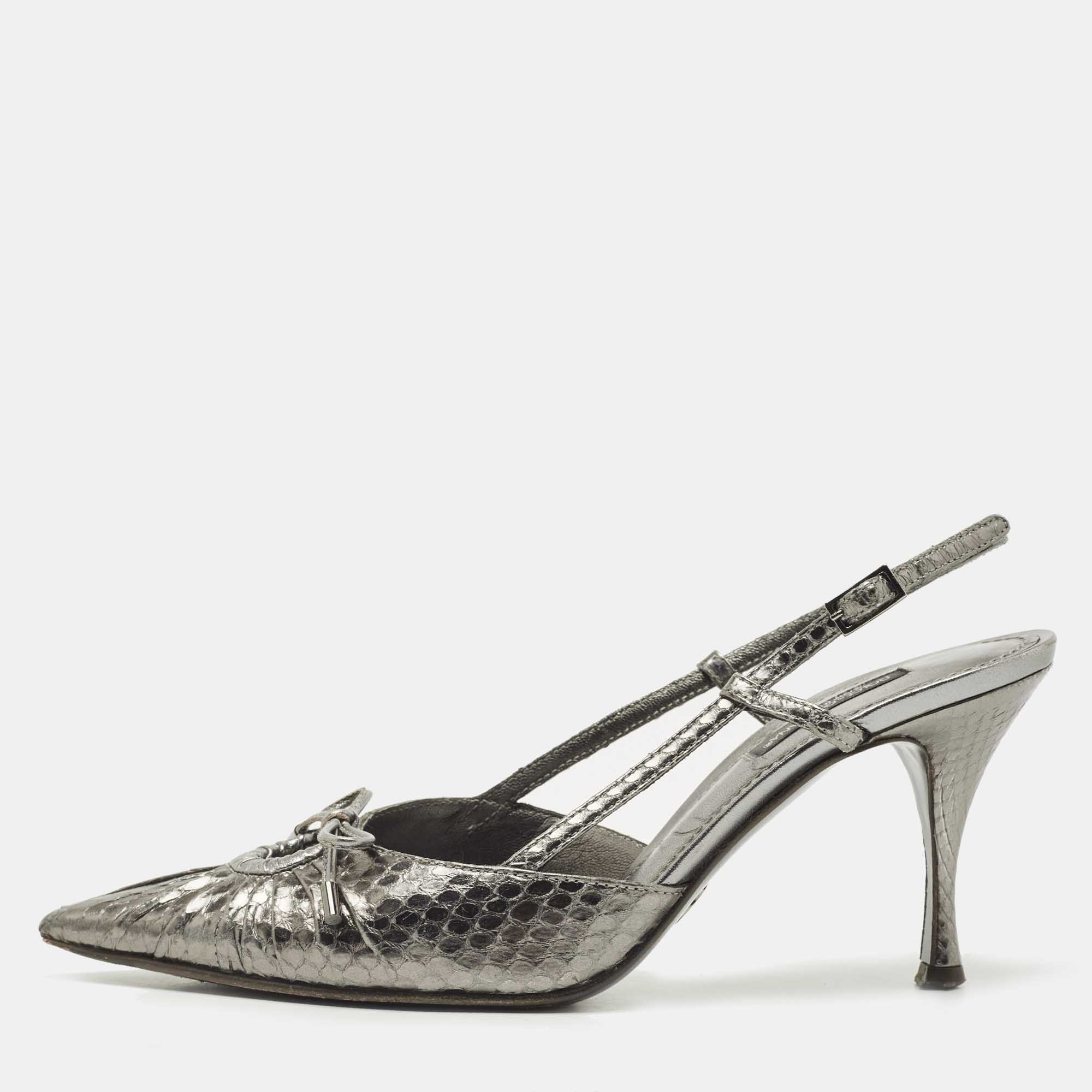 Pre Owned Dolce & Gabbana Metallic Silver Python Bow Slingback Pumps Size 36.5
