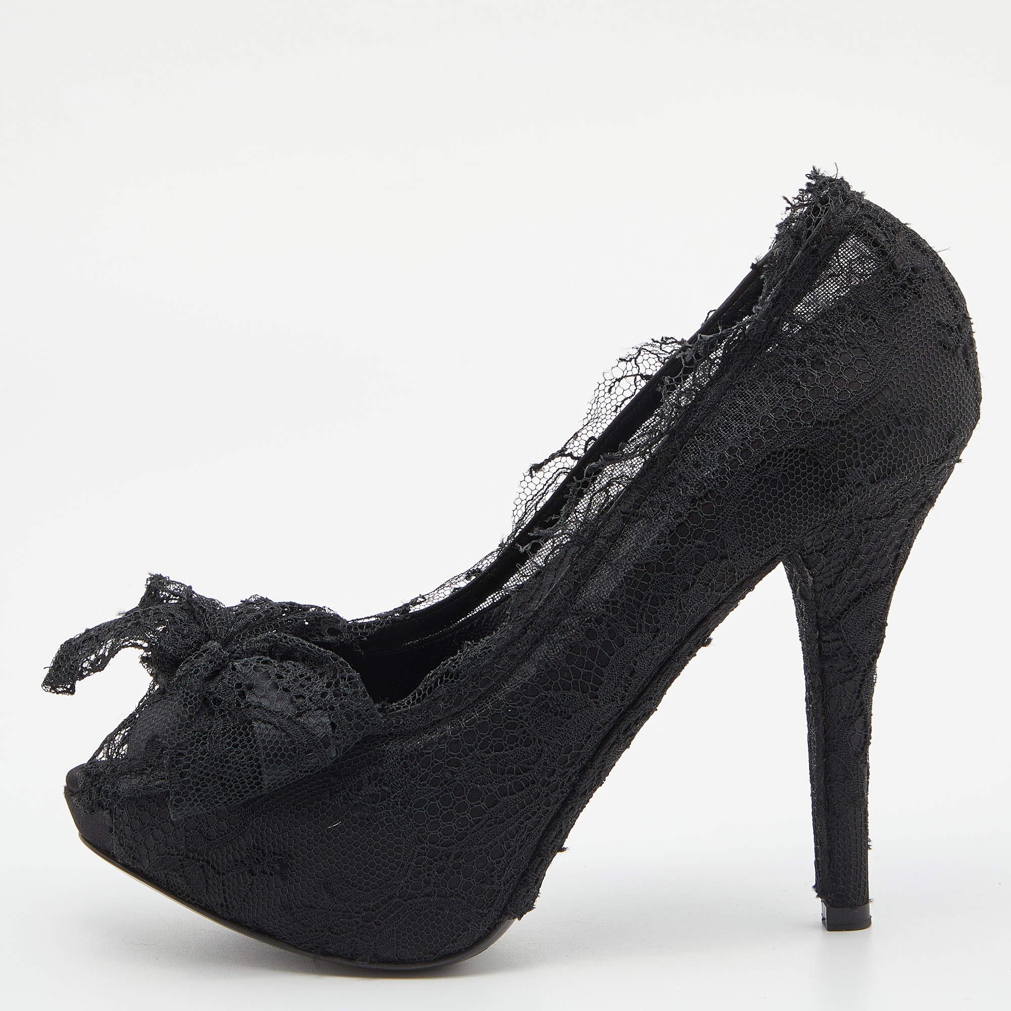 Pre Owned Dolce & Gabbana Black Lace Bow Peep Toe Platform Pumps Size 36