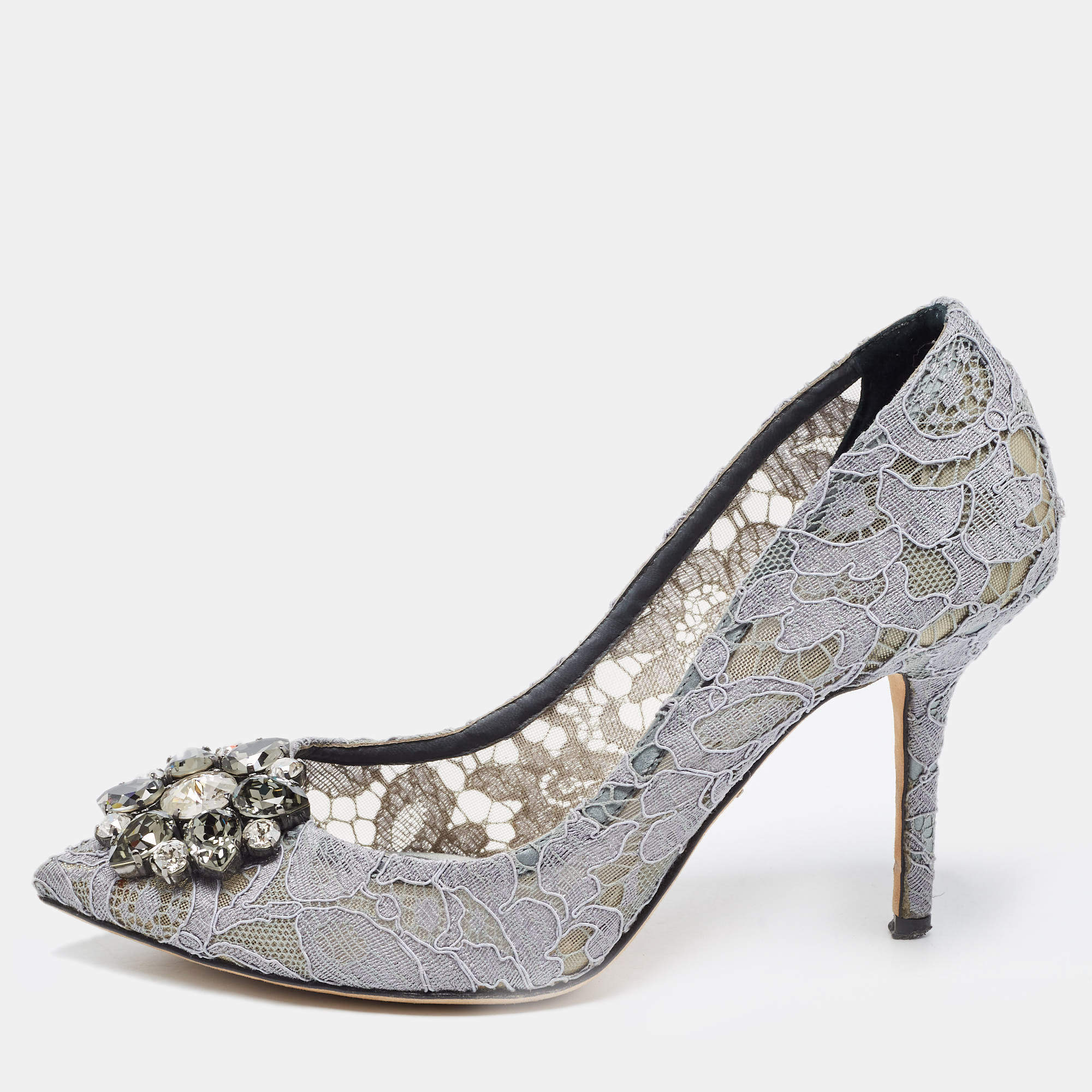 Pre Owned Dolce & Gabbana Grey Lace Bellucci Pumps Size 38