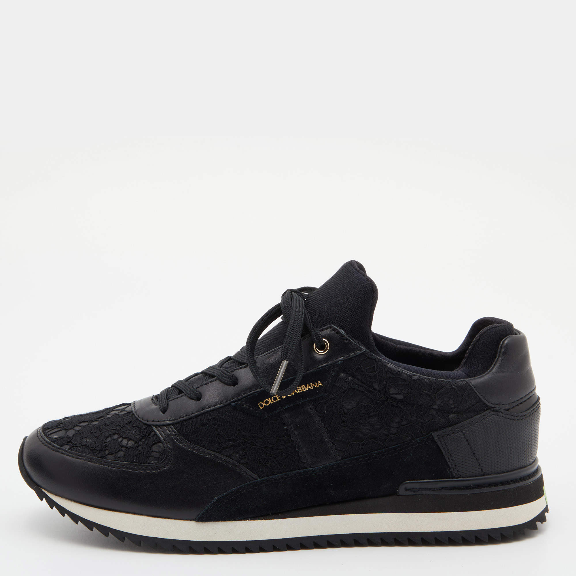 Pre Owned Dolce & Gabbana Black Lace and Leather Low Top Sneakers Size 39