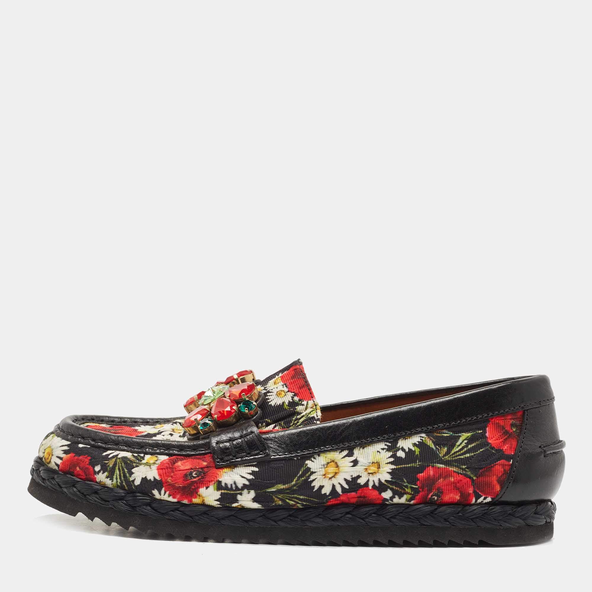 Dolce & Gabbana Multicolor Floral Fabric and Leather Crystal Embellished Loafers Size 39
