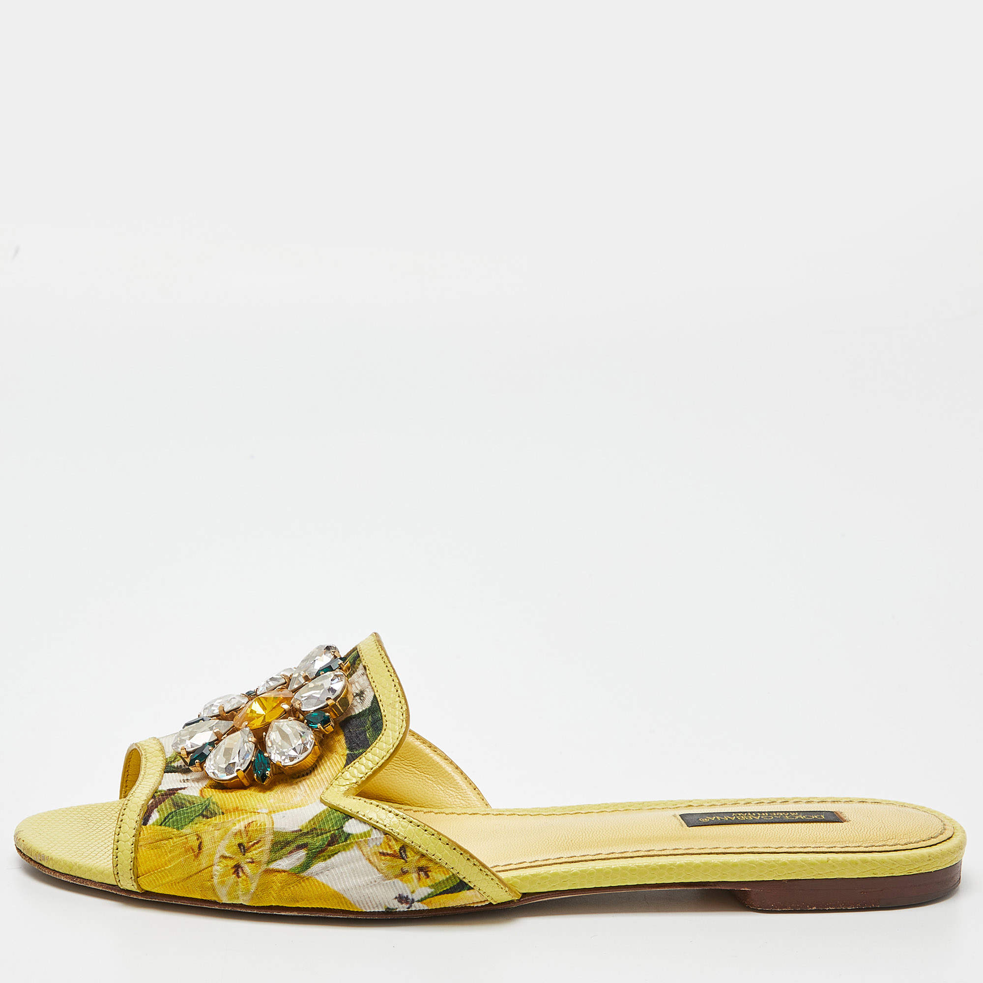 Pre Owned Dolce & Gabbana Yellow Floral Fabric and Lizard Embossed Leather Crystal Embellished Sofia Flat Slides Size 39