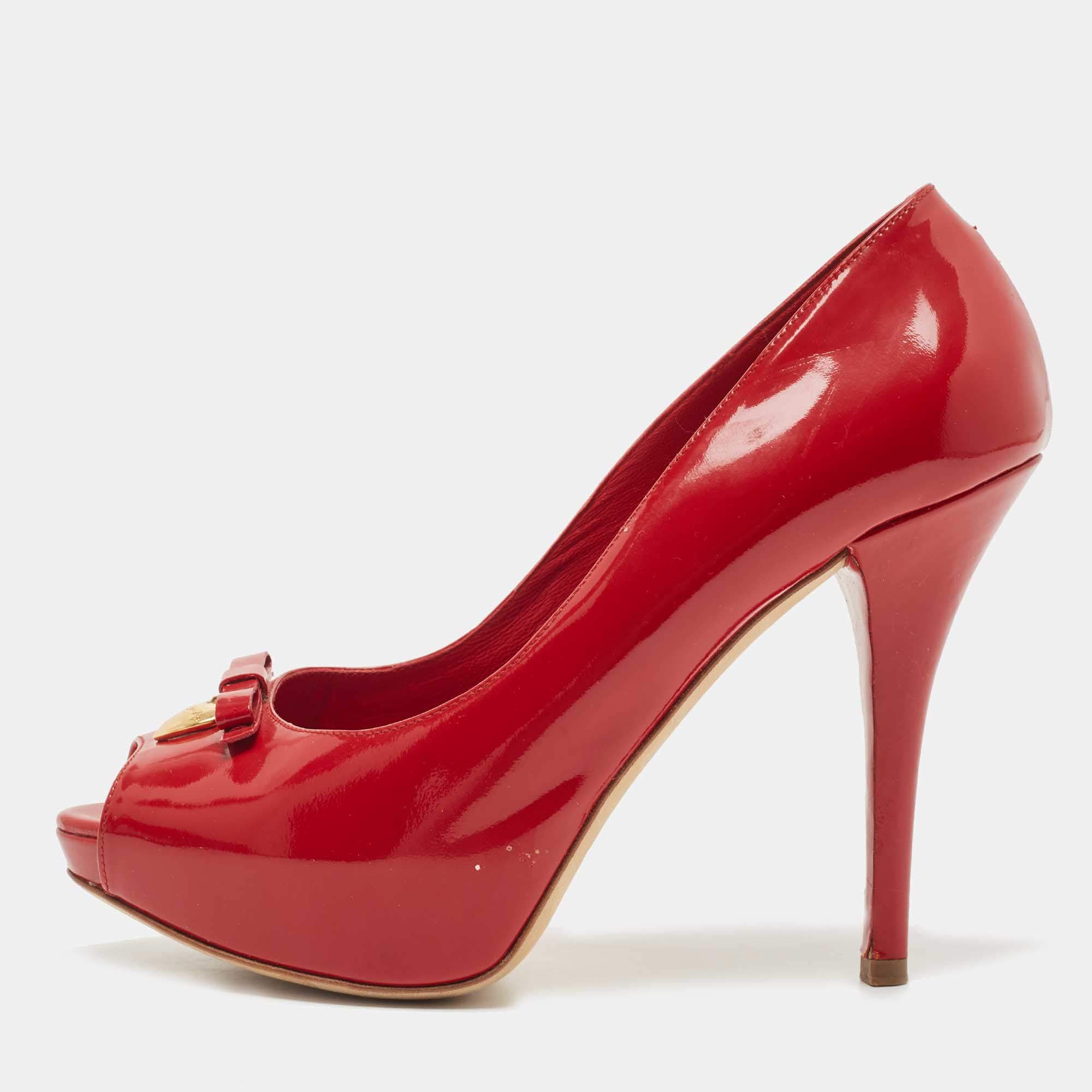 Dolce & Gabbana Red Patent Leather Bow Peep Toe Platform Pumps Size 38