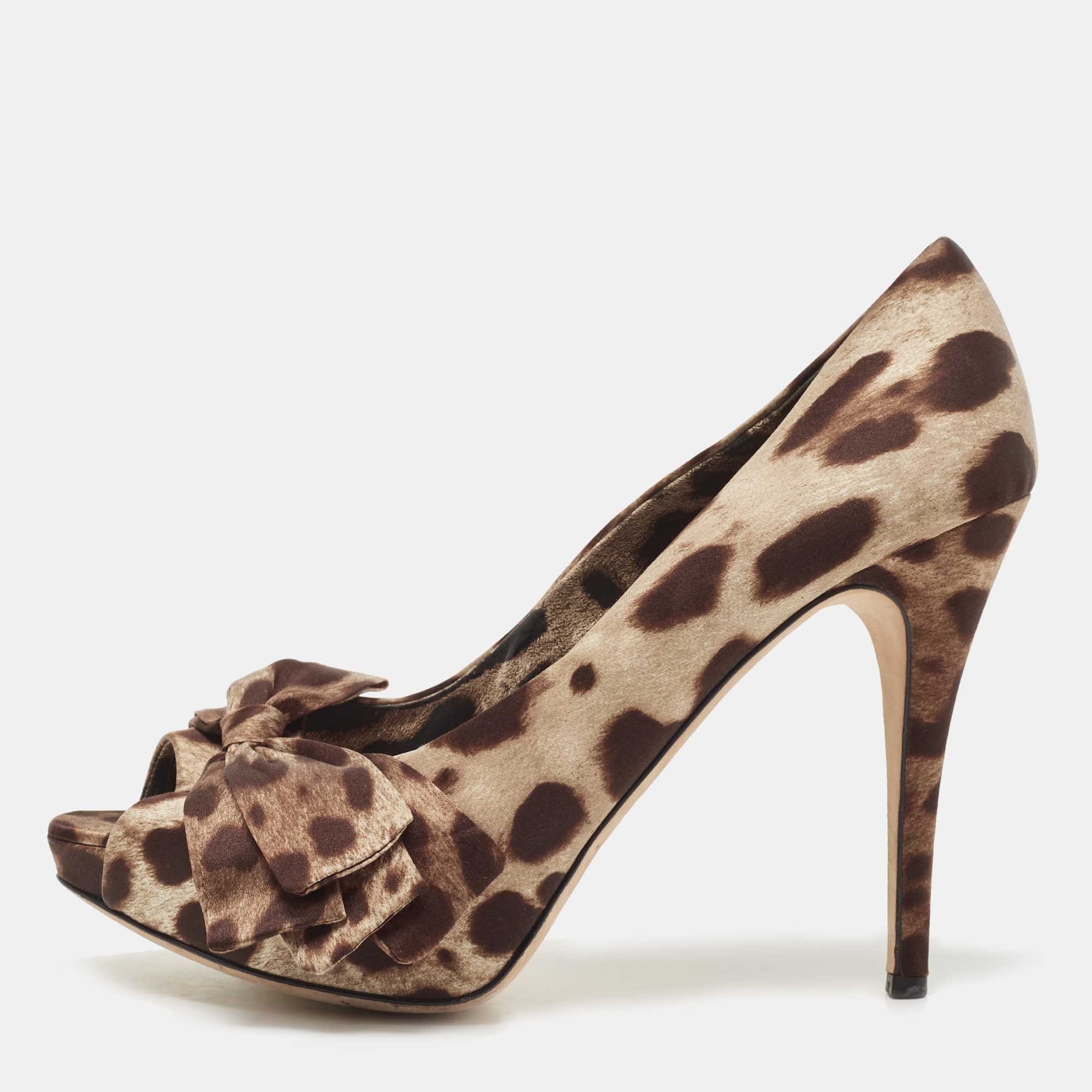 Pre Owned Dolce & Gabbana Brown Animal Print Satin Bow Peep Toe Platform Pumps Size 40