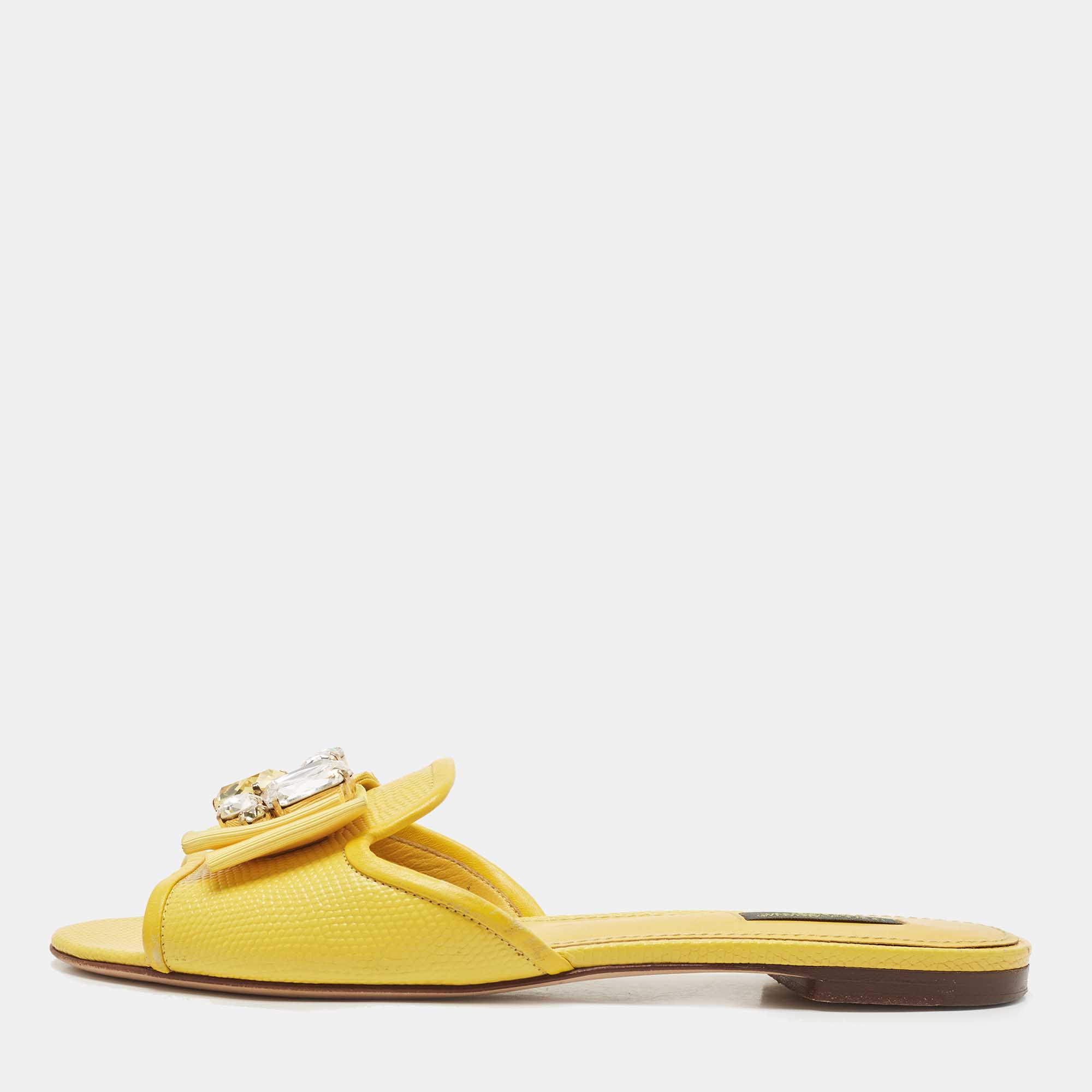 Pre Owned Dolce & Gabbana Yellow Lizard Embossed Leather Crystal Embellished Flat Slides Size 39