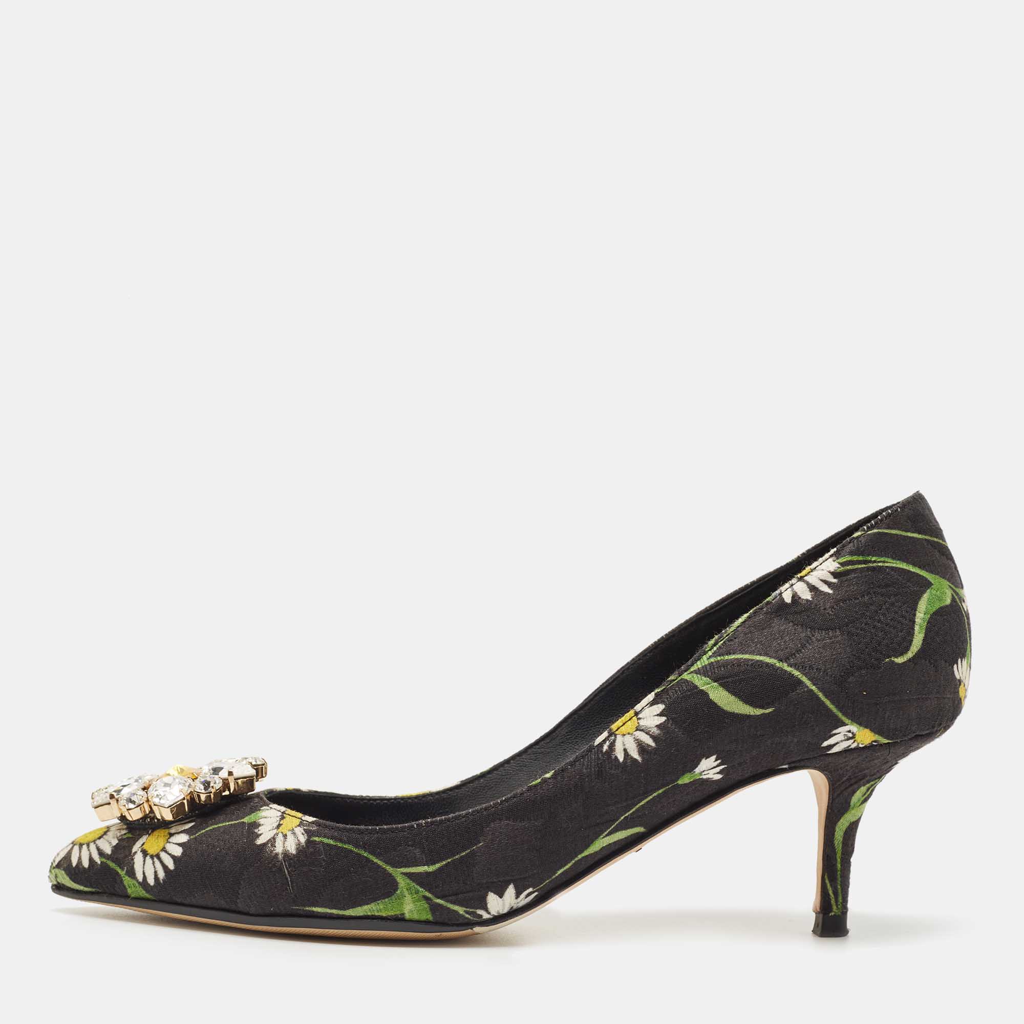 Pre Owned Dolce & Gabbana Multicolor Floral Print Brocade Fabric Crystal Embellished Pumps Size 38.5