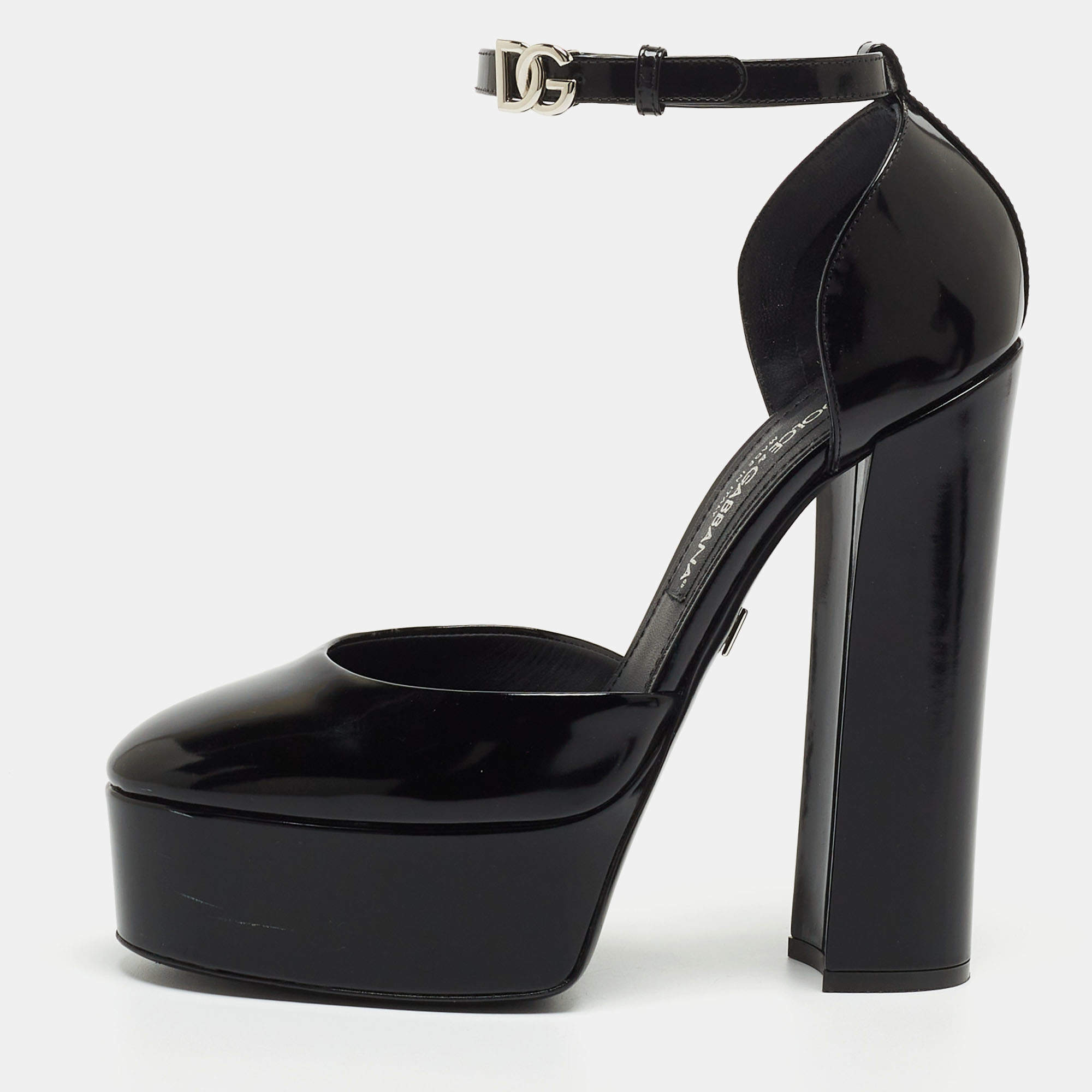 Pre Owned Dolce & Gabbana Black Patent Leather Logo Plaque Platfrom Pumps Size 39.5
